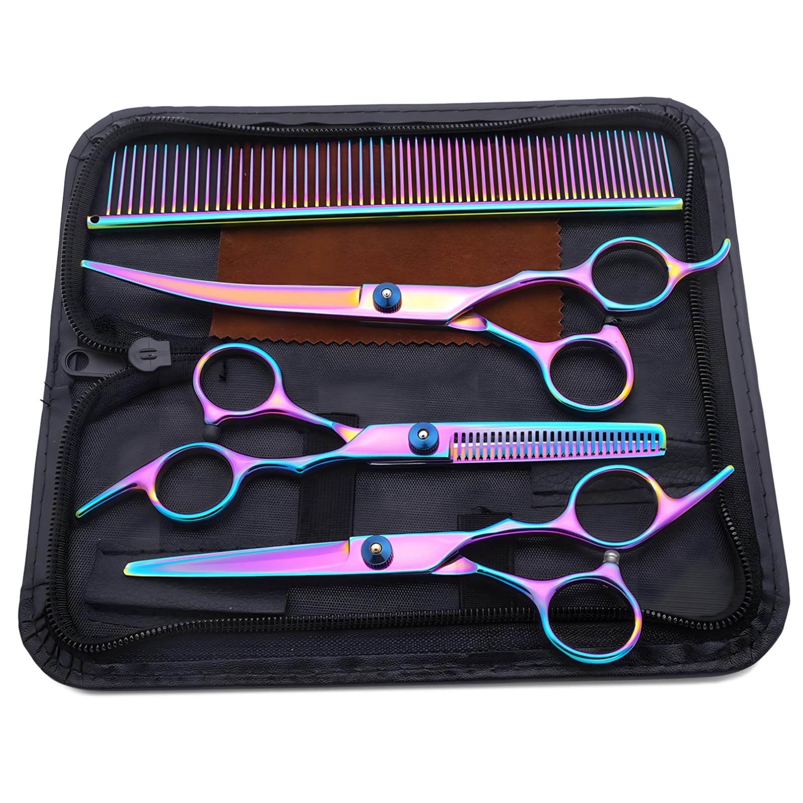 6-Zoll-Edelstahl-Fellpflegescheren-Set für Haustiere, mit gerader und gebogener Schere, Regenbogen-Finish, Hundeschneidewerkzeuge, ideal für den Einsatz zu Hause und im Salon für Hundepflege