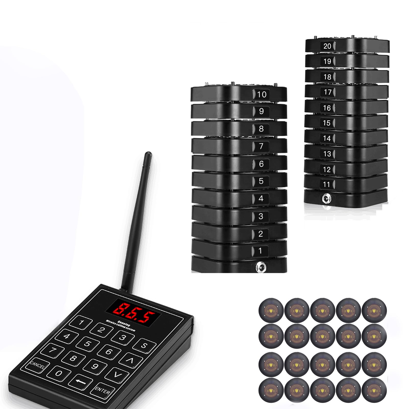Sxhlseller Restaurant Buzzer Pagers Calling System Guest Paging Queuing System, 20 Pagers with Transmitter Pager System for Restaurant Hospital Hotel Bar Coffee (US Plug)