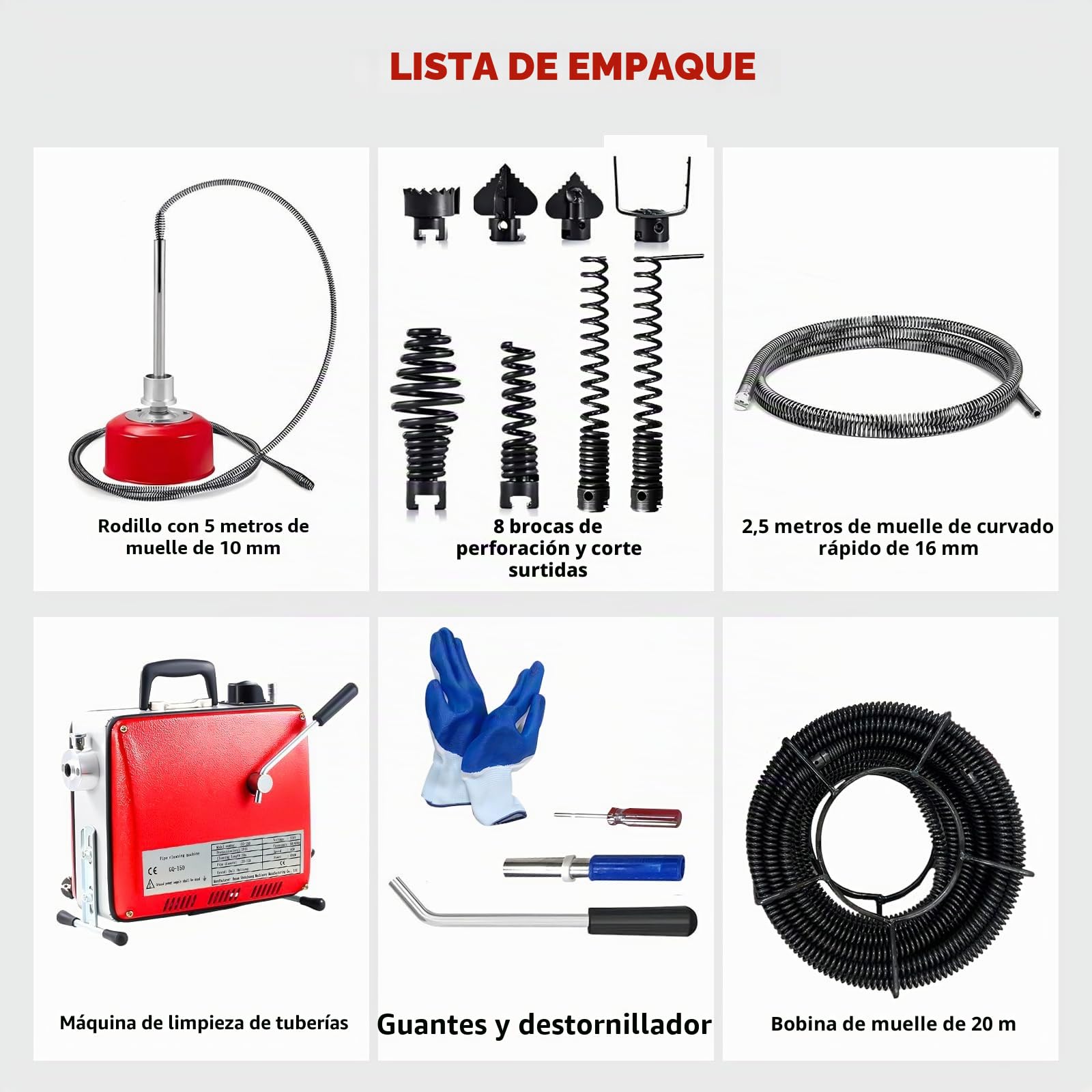 850W Máquina de Limpieza de Tuberías, Limpiador de Desagües Eléctrico de 400 rpm, Desatascador Eléctrico de Tuberías con Espirales de 16mm y 10mm Adecuado para Tubos de Ø20-100mm 20M Spiralen