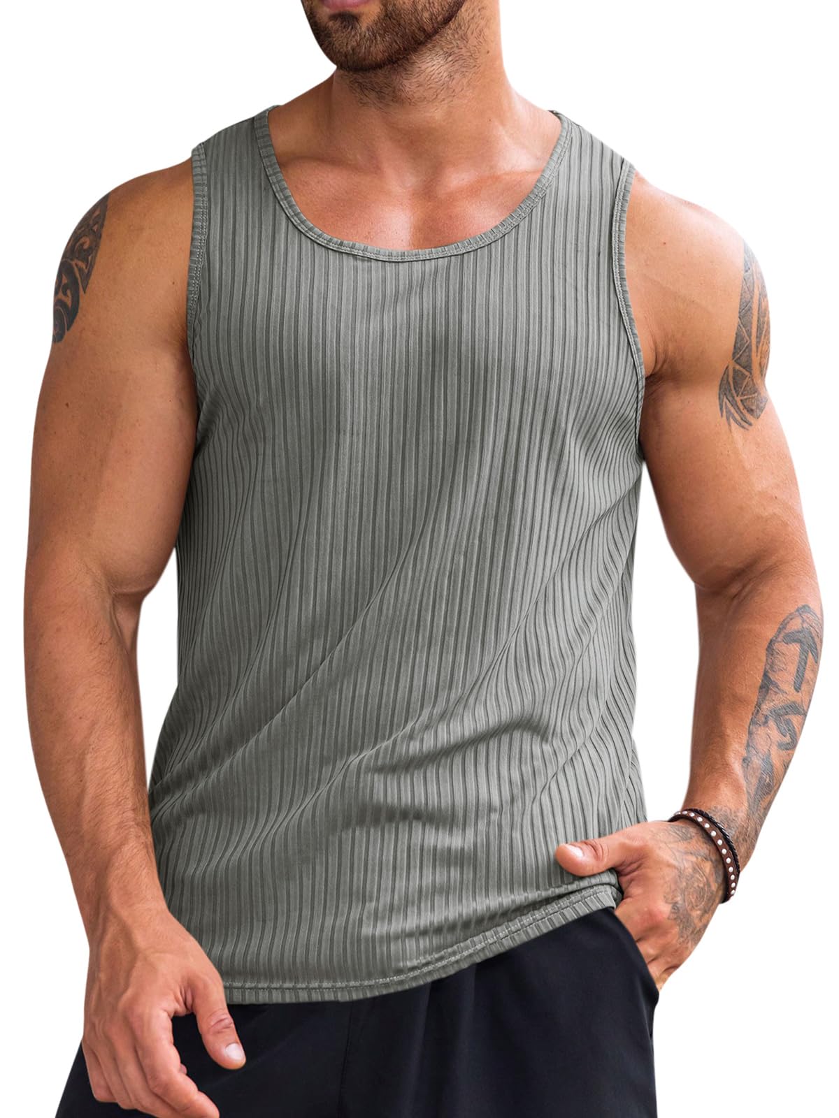 Runcati Men's Ribbed Tank Tops Knit Sleeveless Workout T Shirt Muscle Gym Fitness Tee