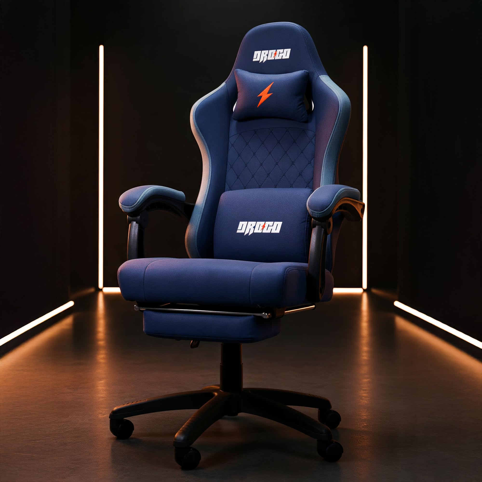 DROGO Throne Ergonomic Gaming Chair with Foot Rest, Armrest & Adjustable Seat | Computer Chair with Fabric, Head & Massager Lumbar Support Pillow | Home & Office Chair with Full Recline (Dark Blue)