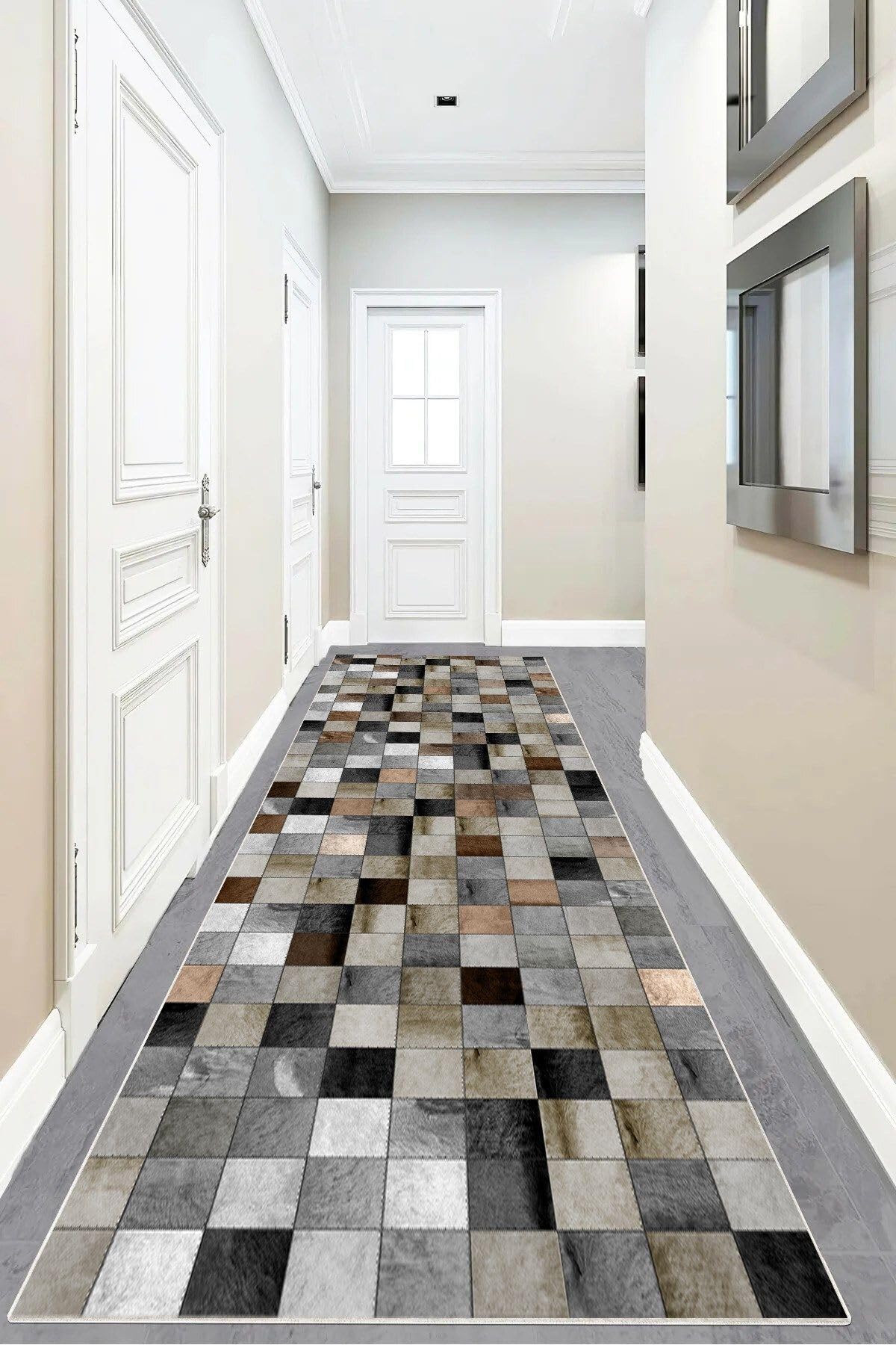 Pelangi Dama Desenli Geometrik Dijital Baskı Yıkanabilir Kaymaz Taban Modern Salon Halı, Kahverengi-Gri 80 x 300, 955576011803007