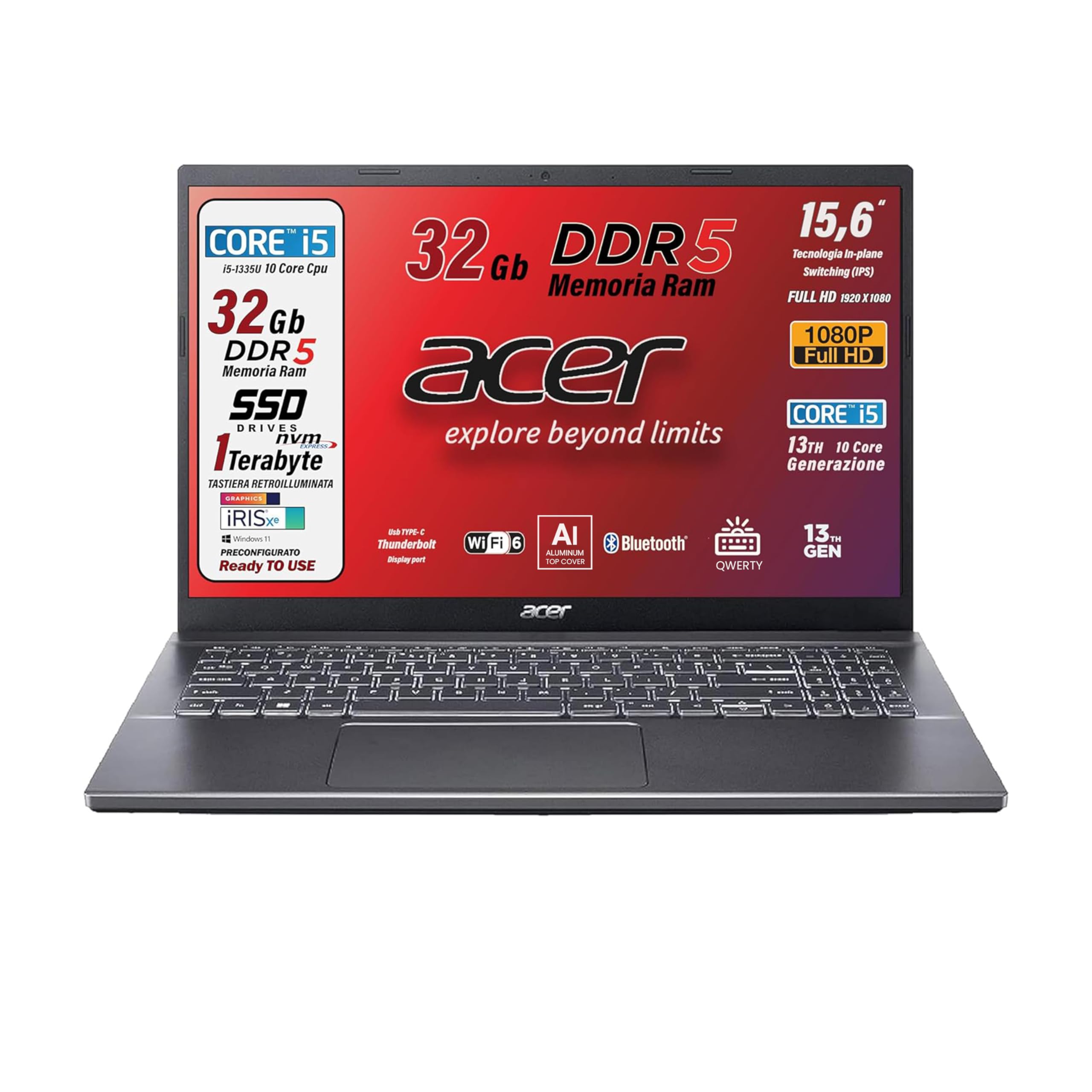 Acer, Pc portatile notebook, Core i5 13Th 10 Core, fino a 4,6 Ghz, Ram 32 Gb DDR5, SSD PCI 1 Tb, Display 15,6" FHD, Win 11 Pro, Tastiera retroilluminata, Preconfigurato, garanzia Italia