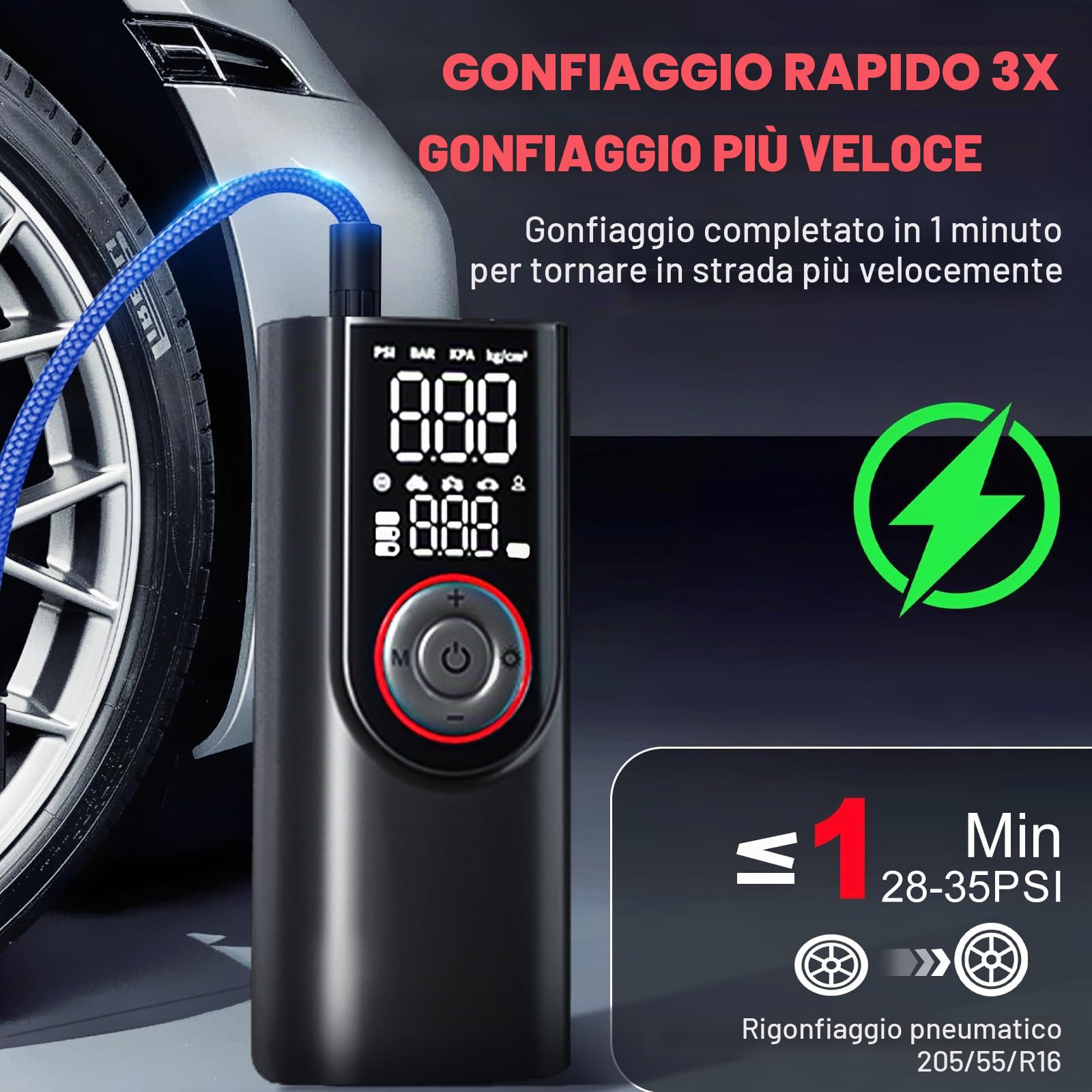 Pompa ad aria elettrica per bicicletta, compressore a batteria 10000 mAh, schermo LCD digitale e illuminazione di emergenza, 150 PSI