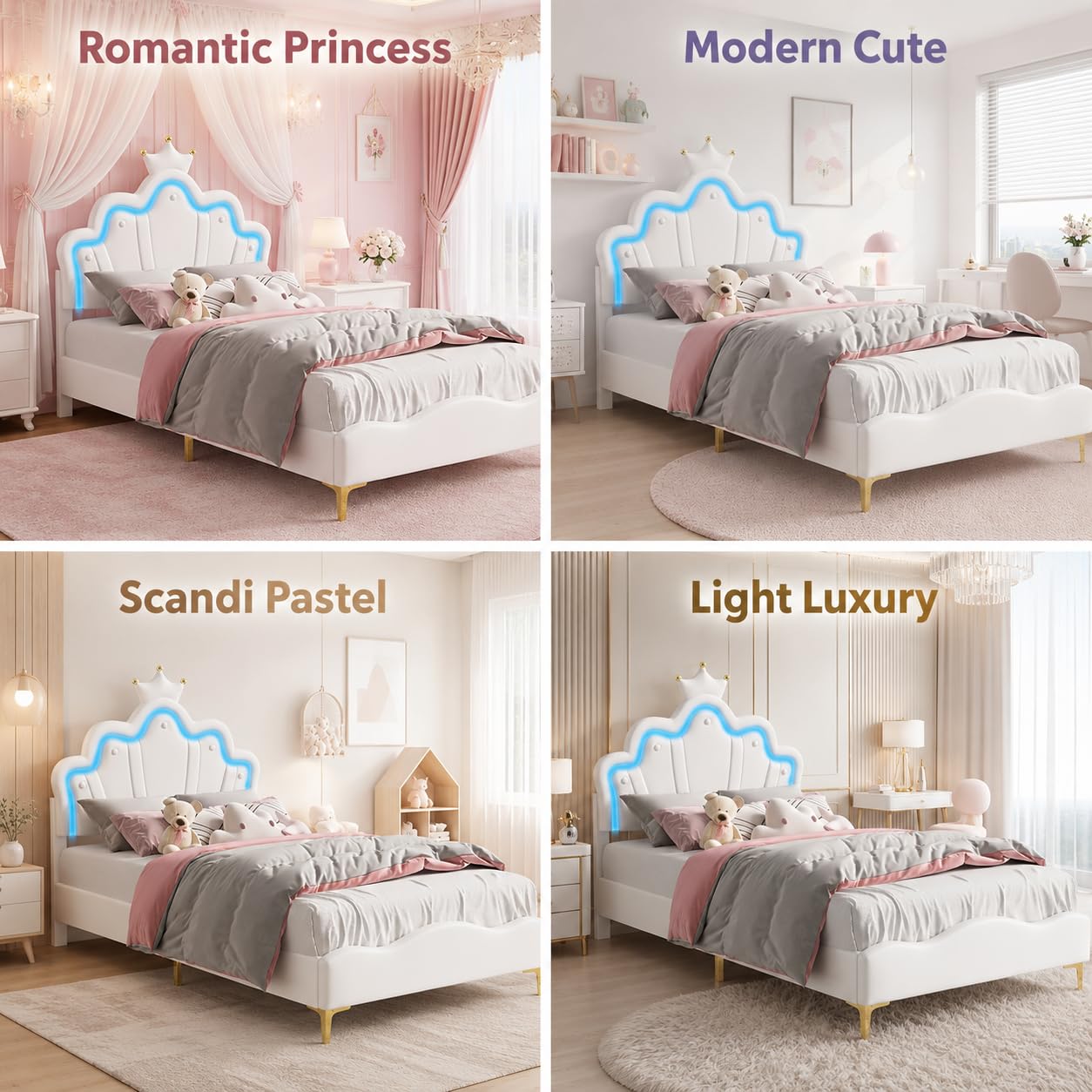 BRILVERDE Cama de Niña 90x200 con LED, Cama Princesa con cabecera coronada, Marco con somier de láminas, para niñas, para niños y adolescentes, PU (blanco, 90x200 cm)