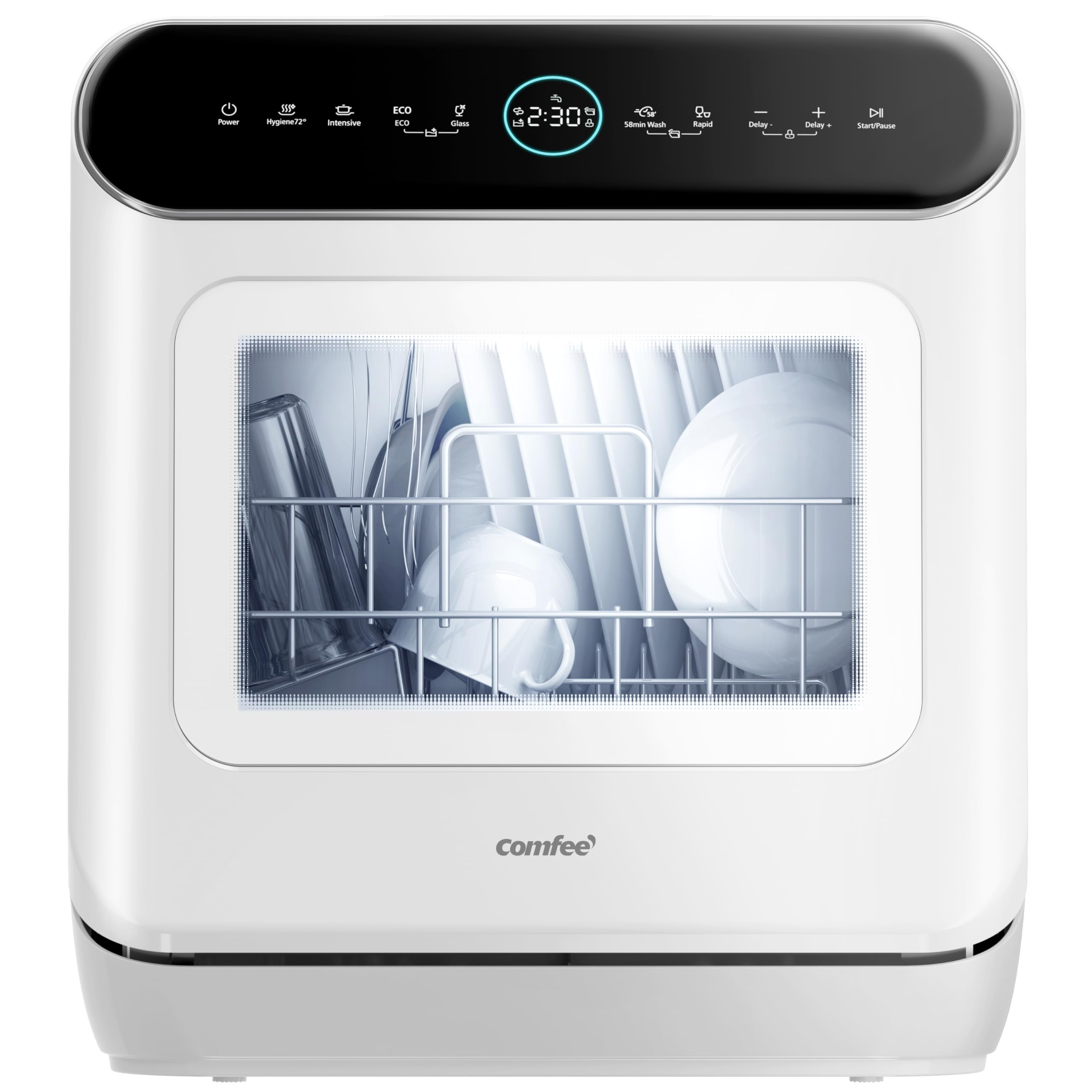 COMFEE' MFD42S110W-IT Mini Lave-vaisselle de Table Compact, 3 Couverts, 7 Programmes, Commande Tactile, Écran LED, 72°C Lavage Hygiénique, 24h Démarrage Différé, Ouverture Automatique, blanc