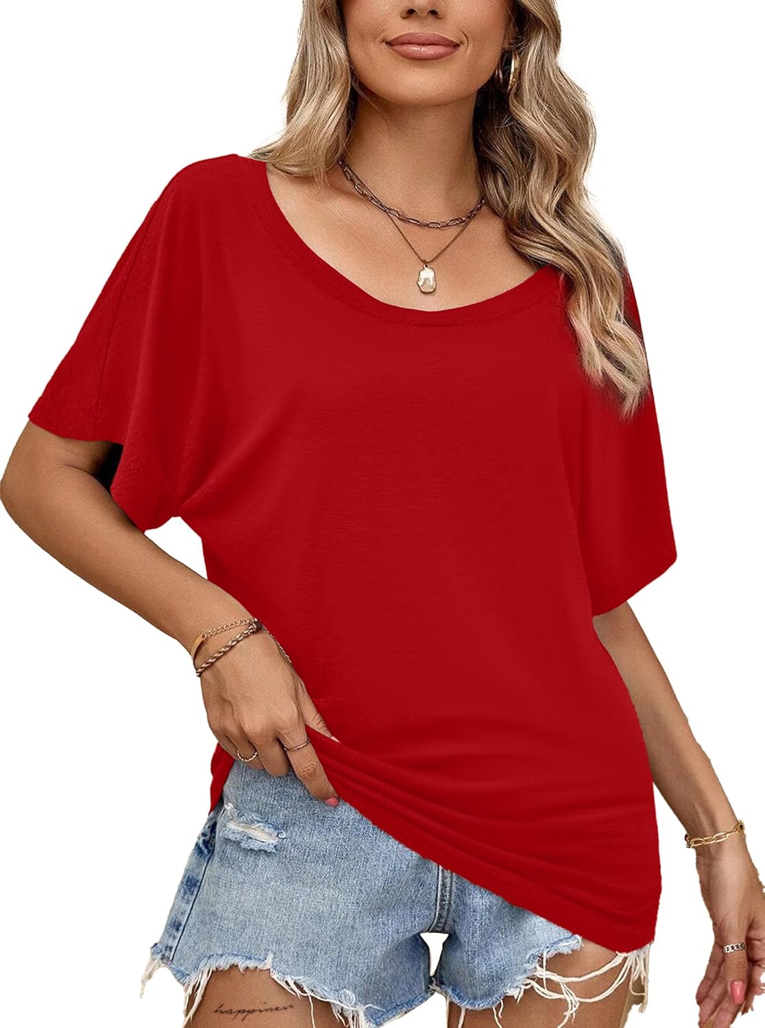 Hilinker Womens Sexy Off The Shoulder Tops Short Batwing Sleeve T Shirt Oversized Casual Tee - Image 2