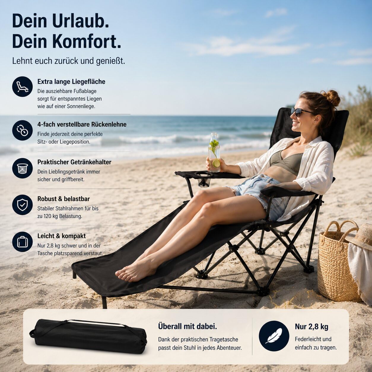 Verstellbarer Campingstuhl mit Fußablage Campingstuhl faltbar bis 130 kg | Outdoor Relaxsessel mit Hoher Rückenlehne, Getränkehalter & Tragetasche - Faltbarer Campingstuhl mit Beinauflage für Camping