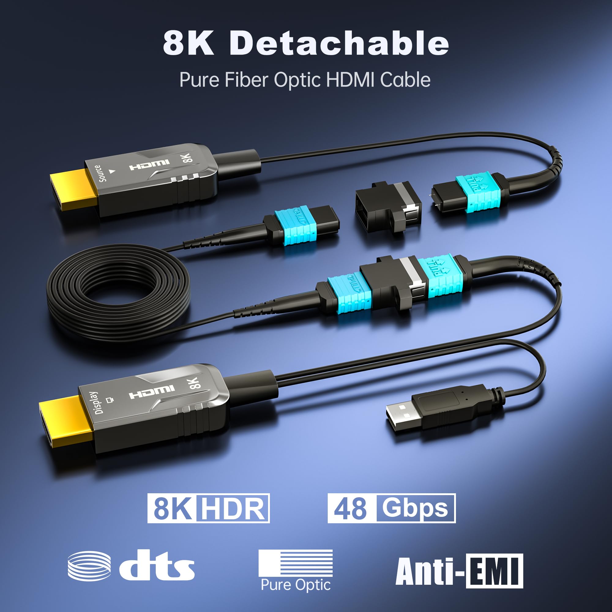 Cavo HDMI 2.1 staccabile in pura fibra ottica 8K MPO, 10 m, supporto 8K 60Hz, 4K 120Hz, 48Gbps, HDR dinamico per PS5, Xbox Series X, ricevitore AV Denon, HDTV, Blu-ray, monitor, proiettore