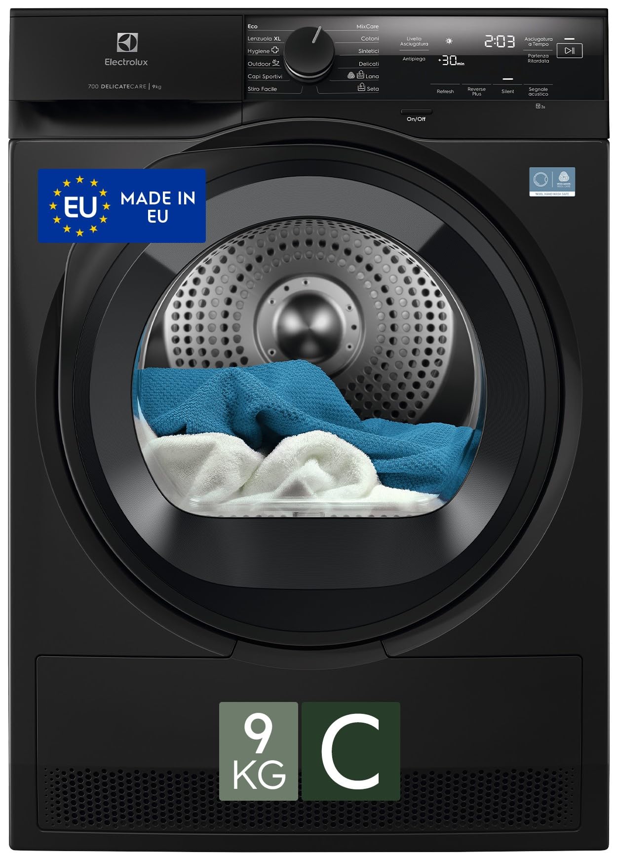 Electrolux Asciugatrice EW7H49 B – Pompa di Calore 9 kg DelicateCare 700 – Classe B −30%, Cicli Lana, Seta, Esterni, Tecnologia SensiCare, Display LCD, Silenziosa – Home & Laundry Innovazione