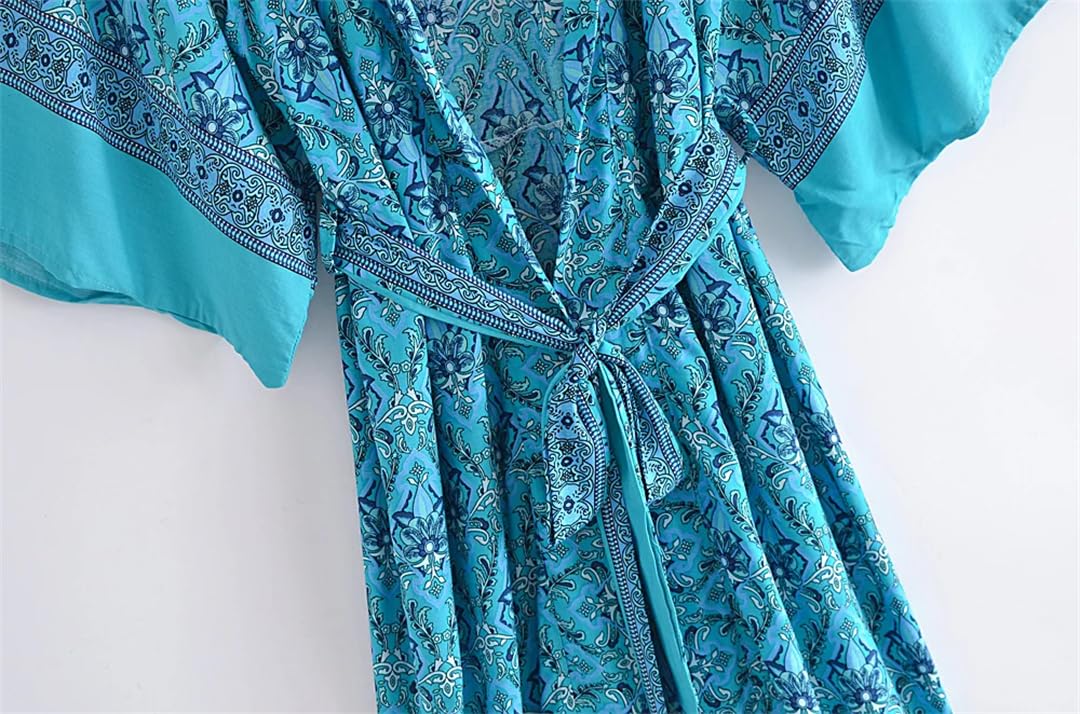 Disimlarl Kimono bohemio con estampado floral para mujer, cuello en V, mangas murciélago, maxi, bata para cubrir el bikini