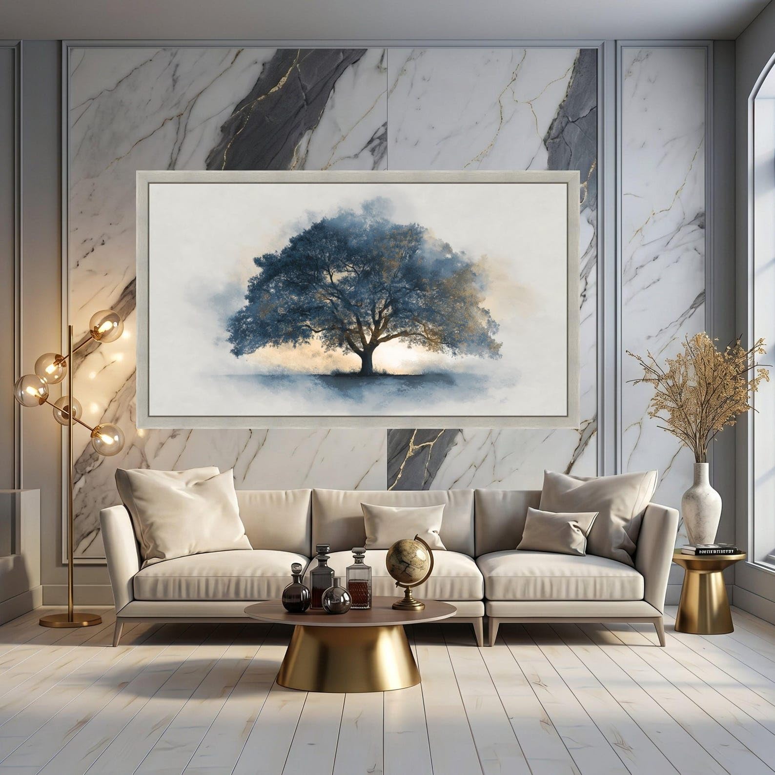 LMYCHENG Majestatyczne niebieskie drzewo obraz na płótnie, sylwetka natury, malarstwo pejzażowe, dekoracja domu mural (80 x 150 cm/wewnętrzna rama)