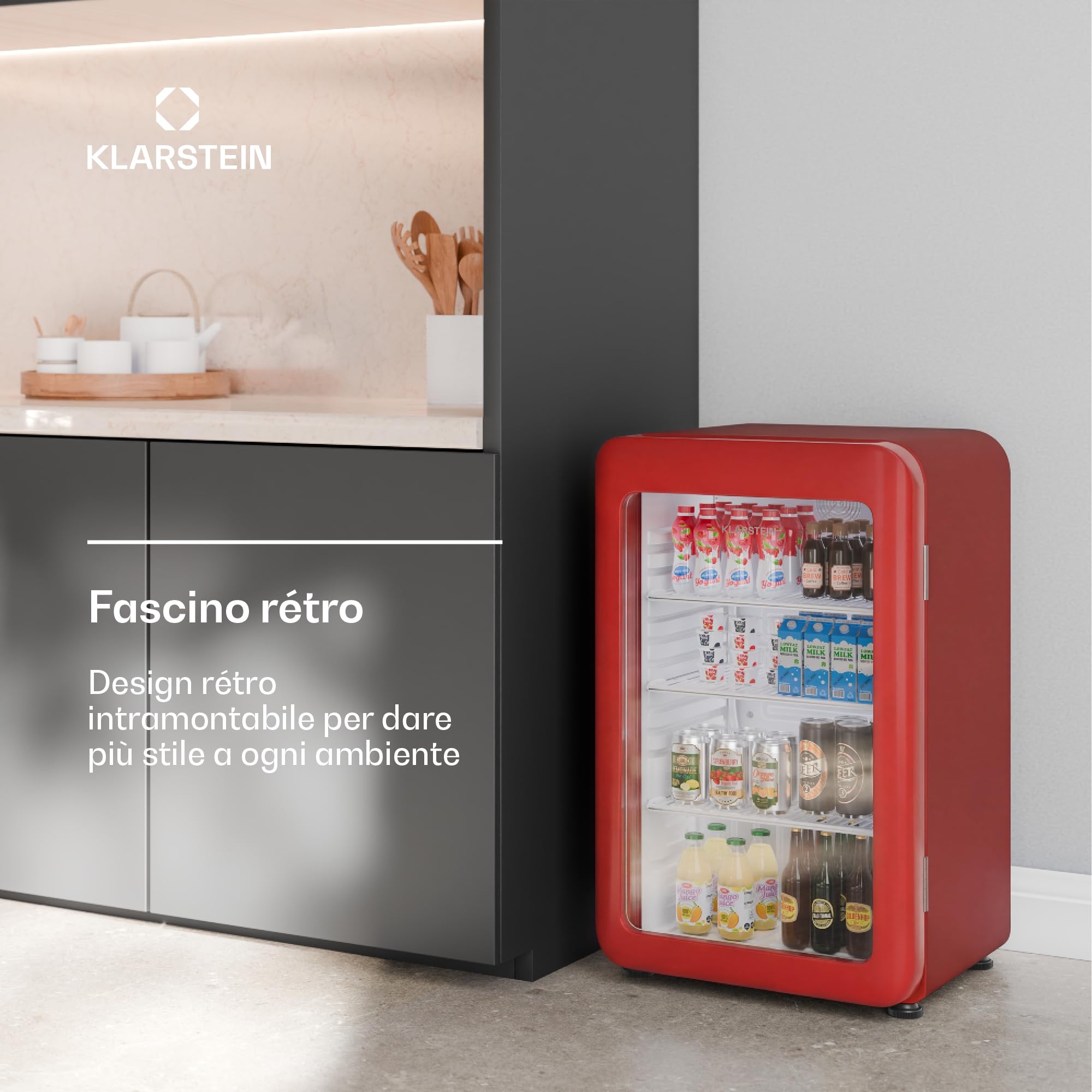 KLARSTEIN Audrey Evo Frigorifero per bevande da 95 L - Frigorifero per bevande con sportello in vetro, luce LED, temperatura regolabile 0-10 °C, 3 ripiani, funzionamento silenzioso