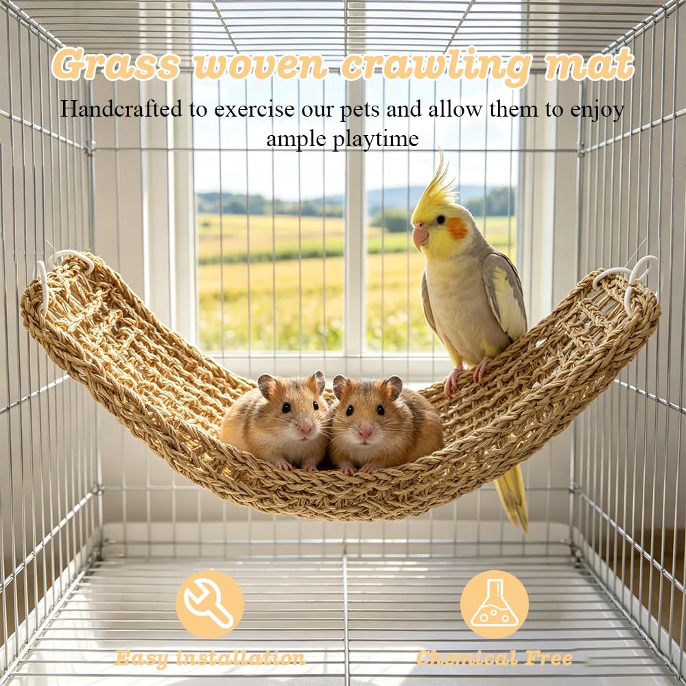 Seegras Hängematte 2 Stück 75 x 18 cm Seegrasmatte Vögel mit Haken, Seegras Hängematte für Nymphensittich, Hamster, Meerschweinchen, Ratten, Reptil Kletterseil-Leiter-Kauspielzeug