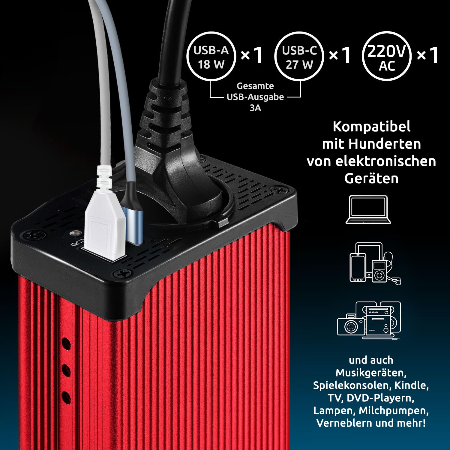 Odoga Wechselrichter 12V auf 230V – 300 W Spannungswandler, Stromwandler mit 3A USB-C und USB-A Anschluss, Inverter 12V 220V, Auto Steckdose, Laden Sie Ihr Laptop, iPad, iPhone, Tablet Und Mehr