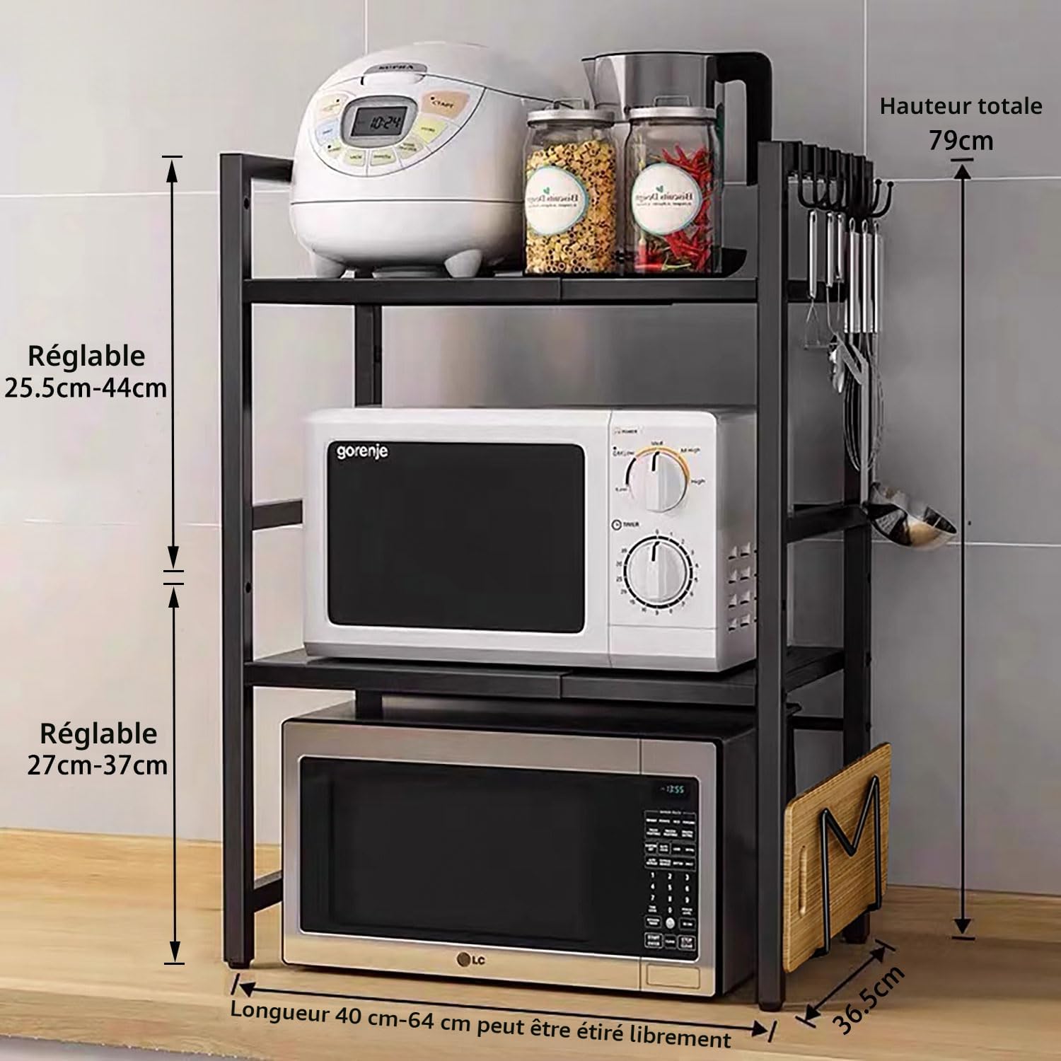 devesanter Étagère extensible pour micro-ondes Plan de travail à 3 niveaux Avec 5 crochets Étagère de cuisine Étagère à épices Étagère à micro-ondes Organiseur pour cuisi