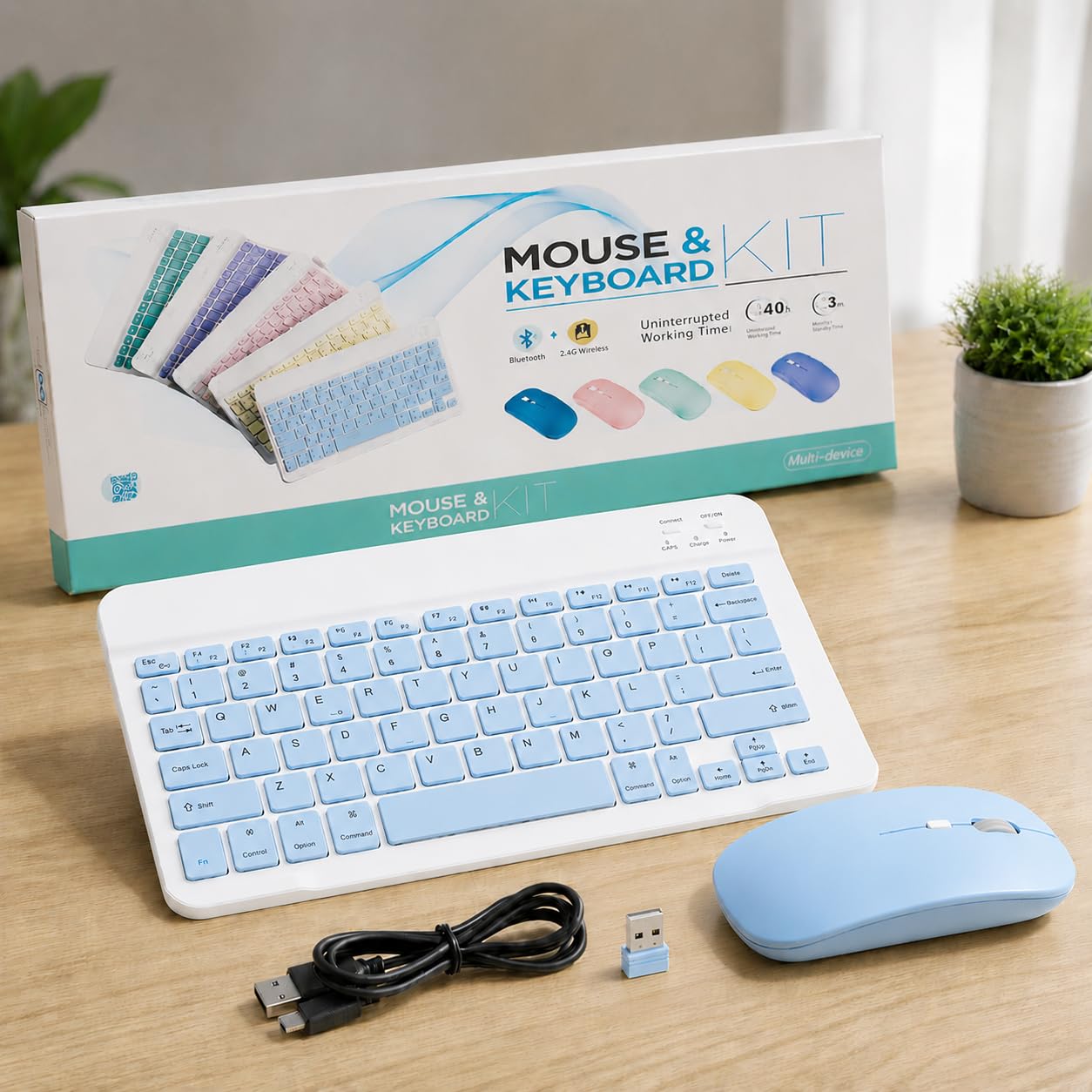 wireless bluetooth keyboard and mouse combo, rechargeable slim multi-device keyboard with bluetooth, mouse with bluetooth & 2.4g usb receiver. (sky blue)