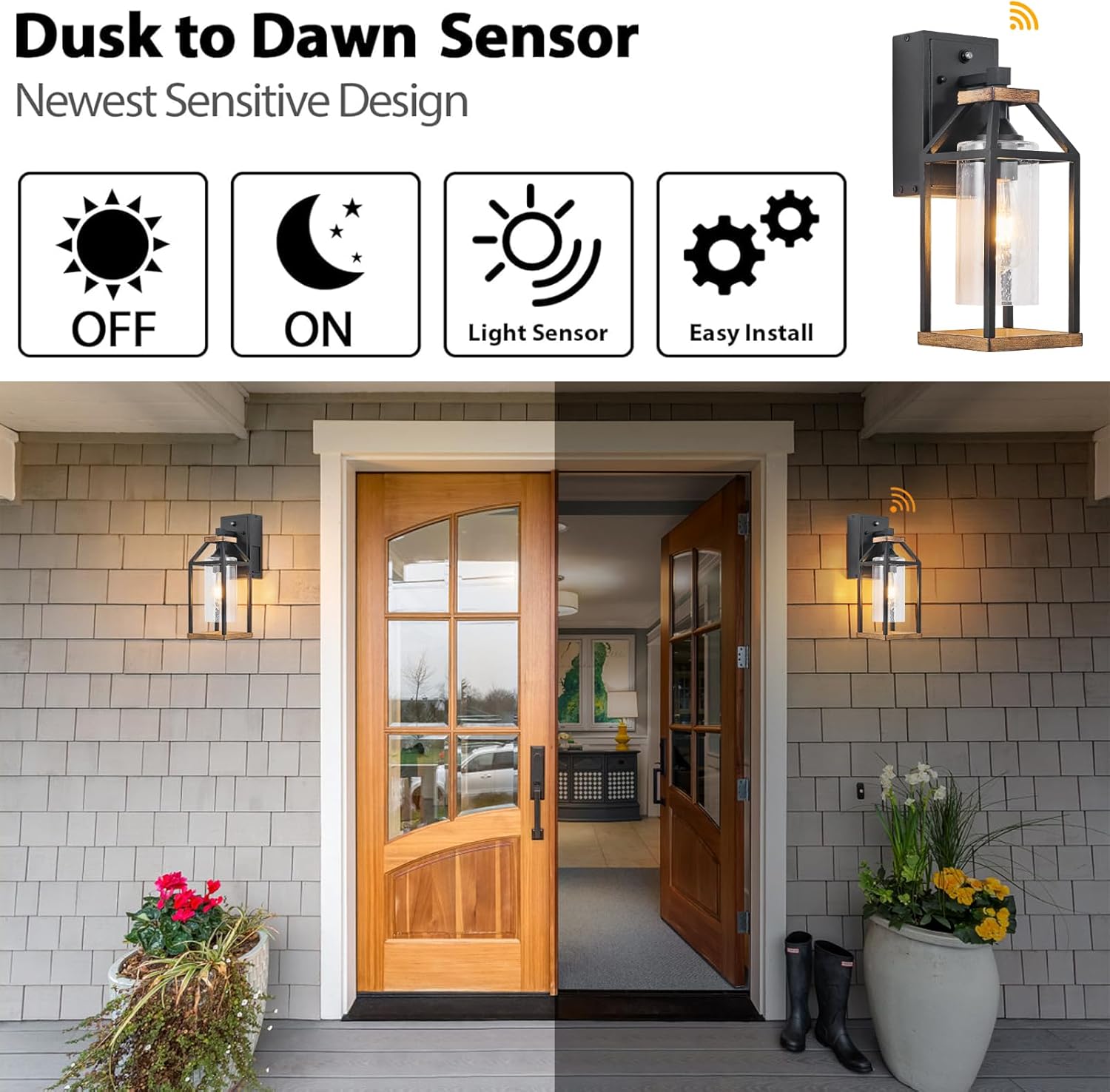 Dusk to Dawn Photocell Sensor Outdoor Porch Light with GFCI Outlet,Anti-Rust Waterproof Industrial Outdoor Lantern, Brown Exterior Work Lights Rustic Wall Light