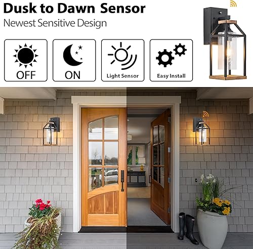 Miniatura 4 de Lámpara de pared para exteriores, luz de porche del atardecer al amanecer con salida GFCI, linterna industrial antioxidante e impermeable, cristal