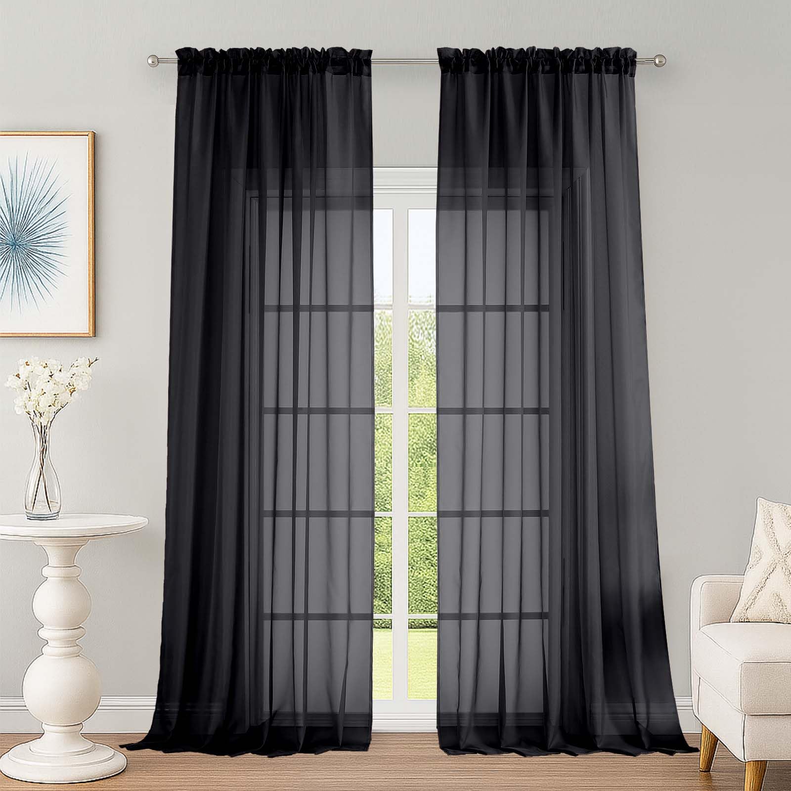 Black Sheer Curtains, Sheer Curtains 96 inches Long 2 Panels Set, Rod Pocket Voile Fimly Sheer Drapes for Living Room/Bedroom, 2pcs, Each 59" W x 96" L