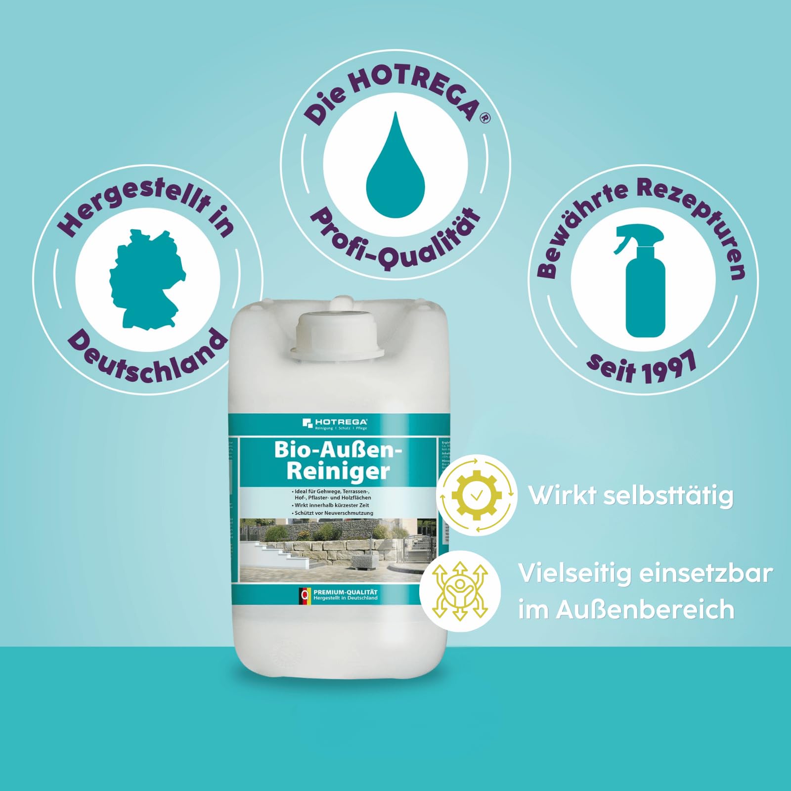 HOTREGA Bio-Außenreiniger 5 L | Konzentrat für Stein, Holz & WPC | Selbsttätige Tiefenreinigung von Terrasse, Mauer & Grabstein | Ohne Schrubben | Schützt vor Neuverschmutzung | Bis 500 m²