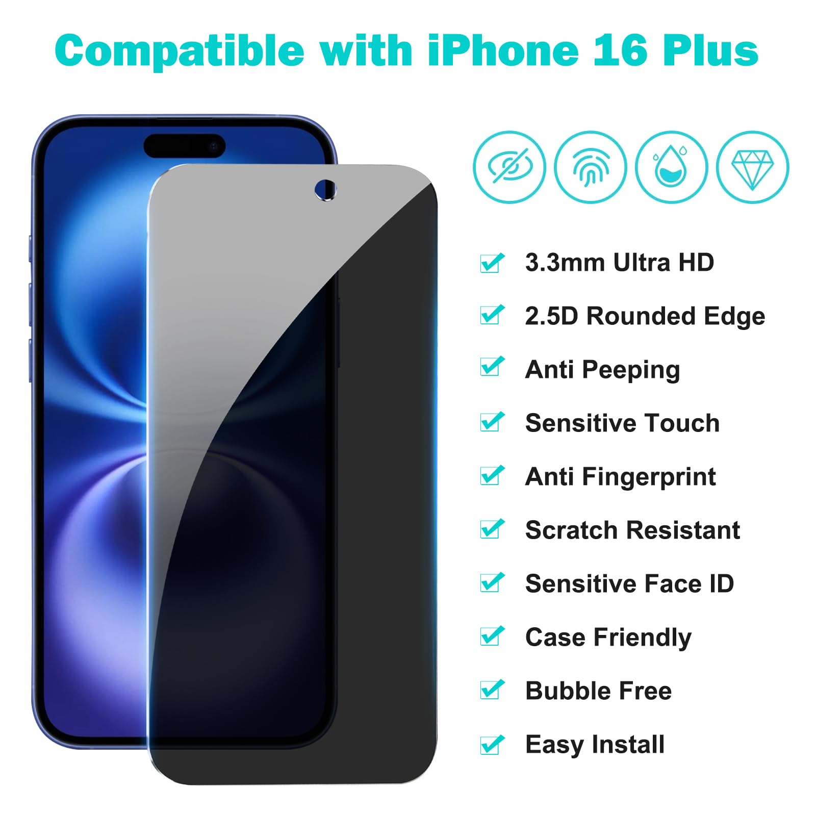 PEHAEL 3+3Pack for iPhone 16 Plus Privacy Screen Protector with Camera Lens Protector Full Coverage Anti-Spy Tempered Glass Film 9H Hardness Easy Installation Bubble Free [6.7 inch]