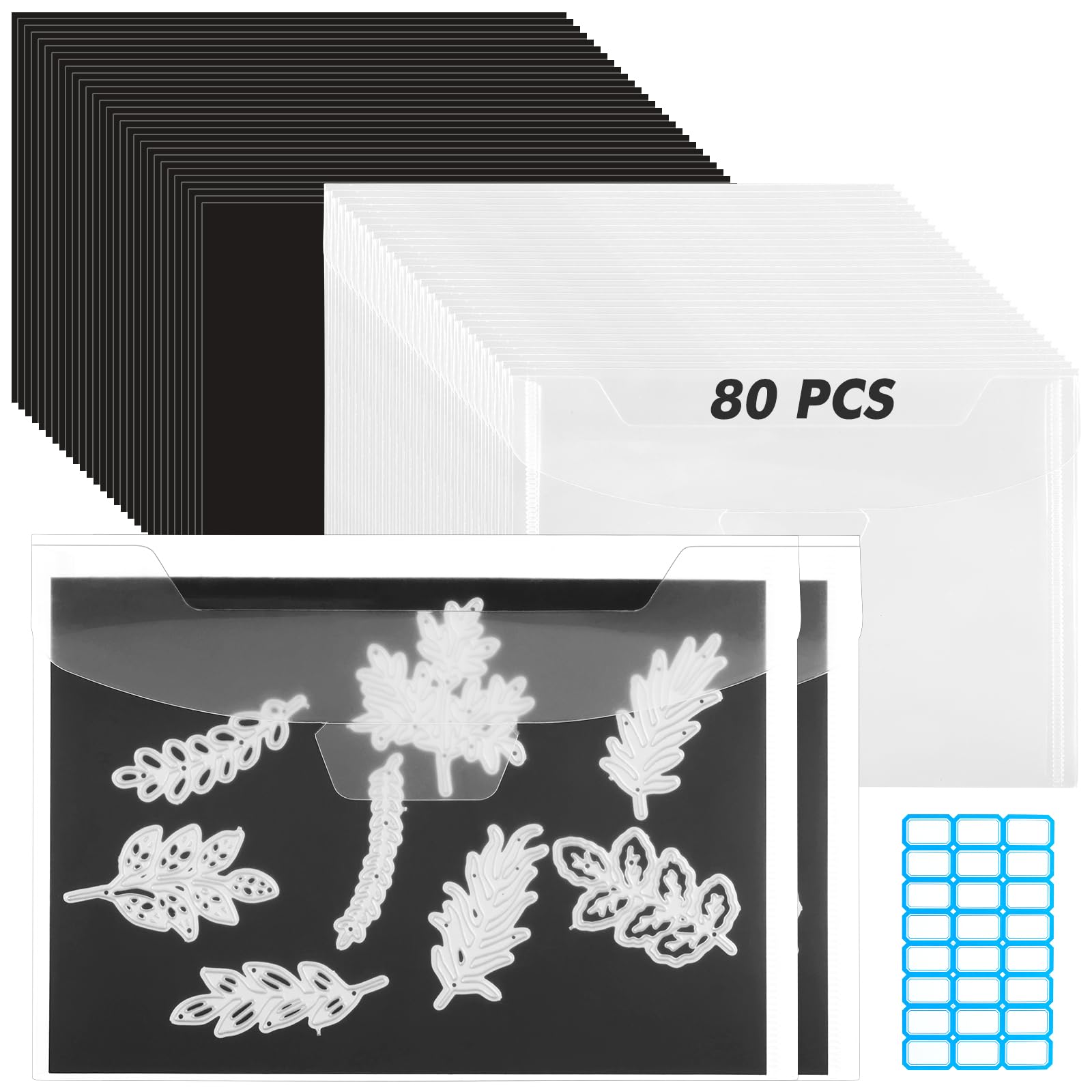 80 Pcs 5 x 7 Inch Magnetic Sheets for Dies Storage 0.6 mm Thickness Non-Adhesive Magnetic Sheets with Die Storage Bags, Die Cut Storage Essential Set (40 Pcs Sheets+40 Pcs Pockets+Label Stickers)