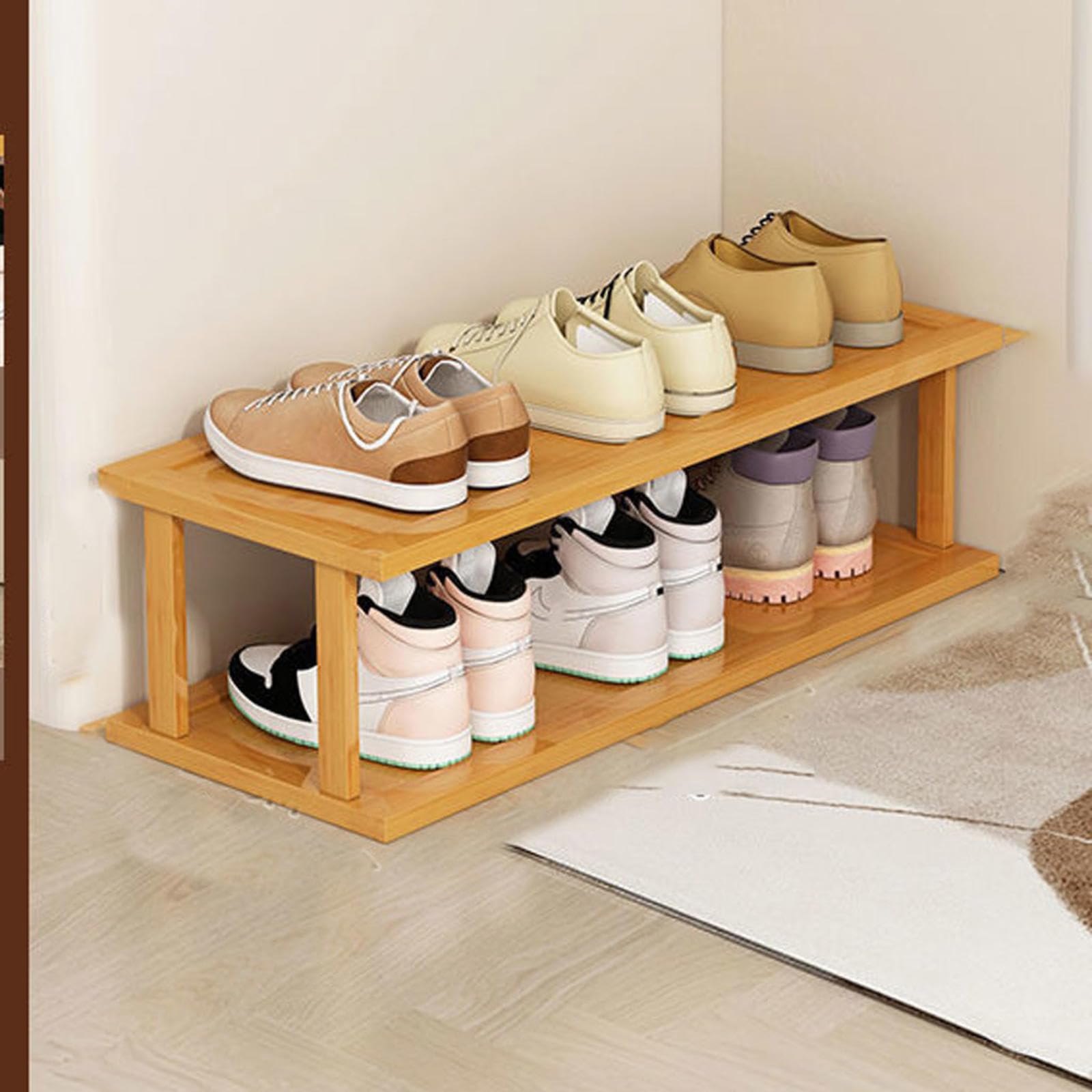 Zapatero extensible de bambú apilable para entrada, pasillo, dormitorio, armario, 9 niveles, para garaje, esquina, diseño minimalista, estante vertical para zapatos de pie, 65 cm de altura