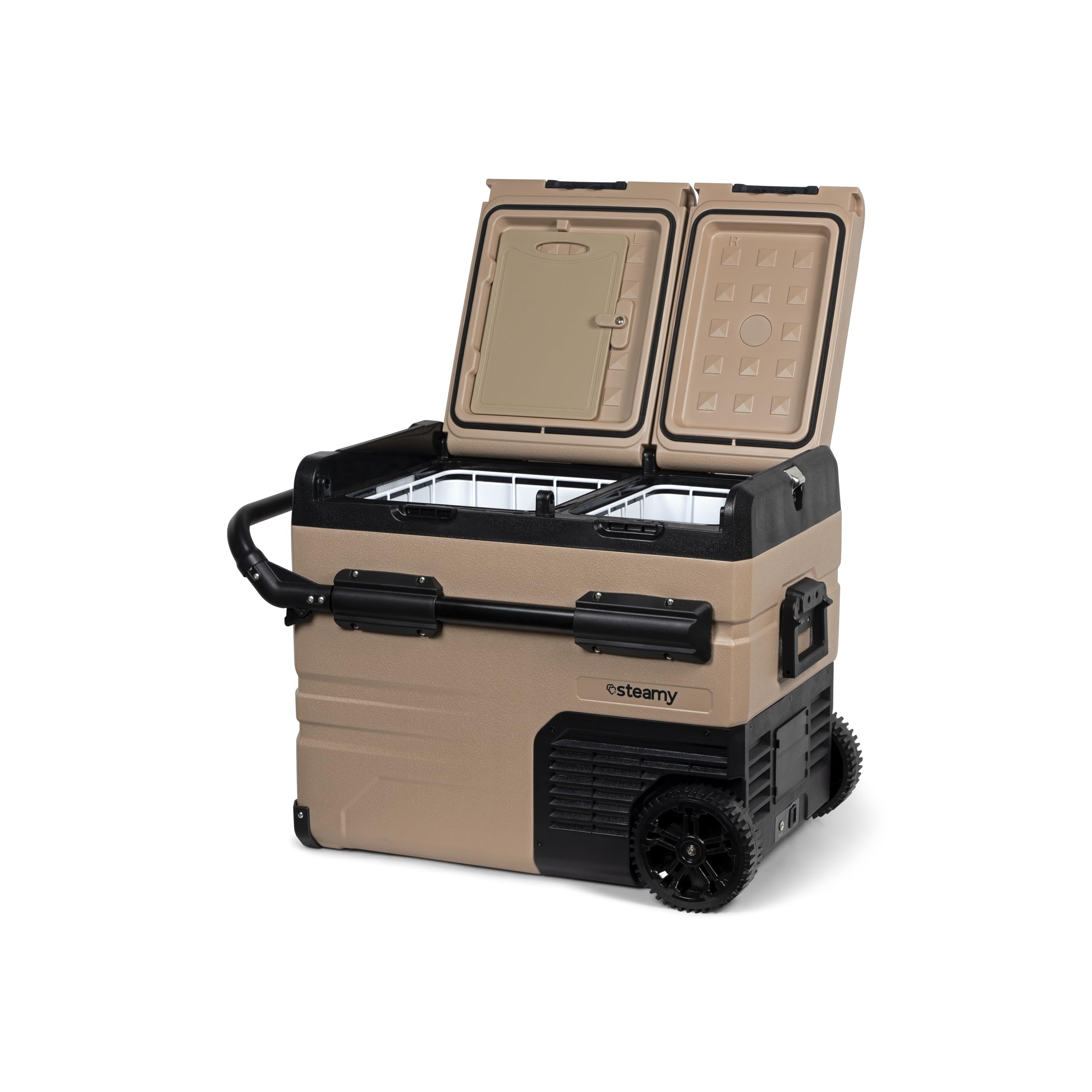 Steamy-E Dual Zone 45 Roller, Elektrische Kompressor Kühlbox mit Rollen, 45 Liter, 12V/ 230V, zum Kühlen und Gefrieren, Für Camping