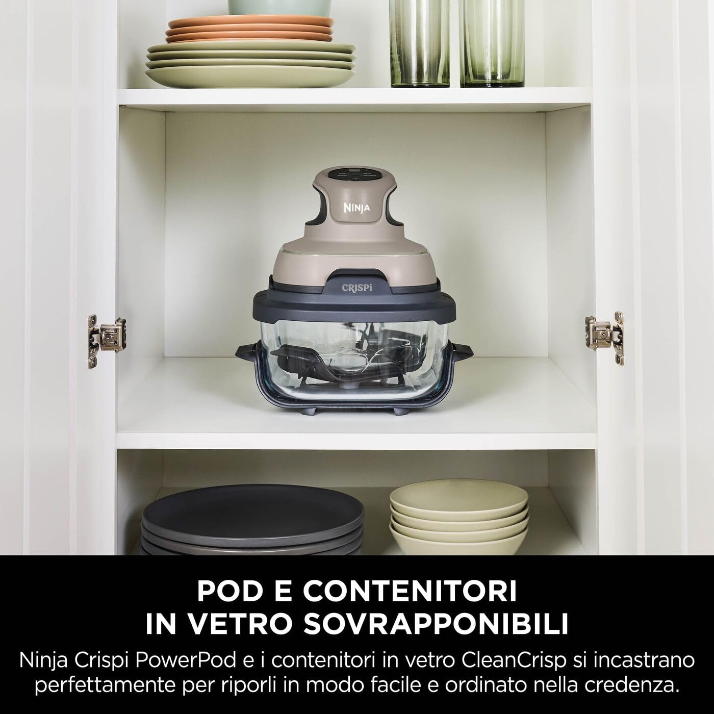 Ninja CRISPi Friggitrice ad Aria Portatile, 3.8L, 4 in 1: Frittura, Cottura Arrosto, Mantiene Cibo Caldo e Croccante, Compatta, 2 Contenitori Vetro Rimovibili, 1700W, Pietra FN101EUST