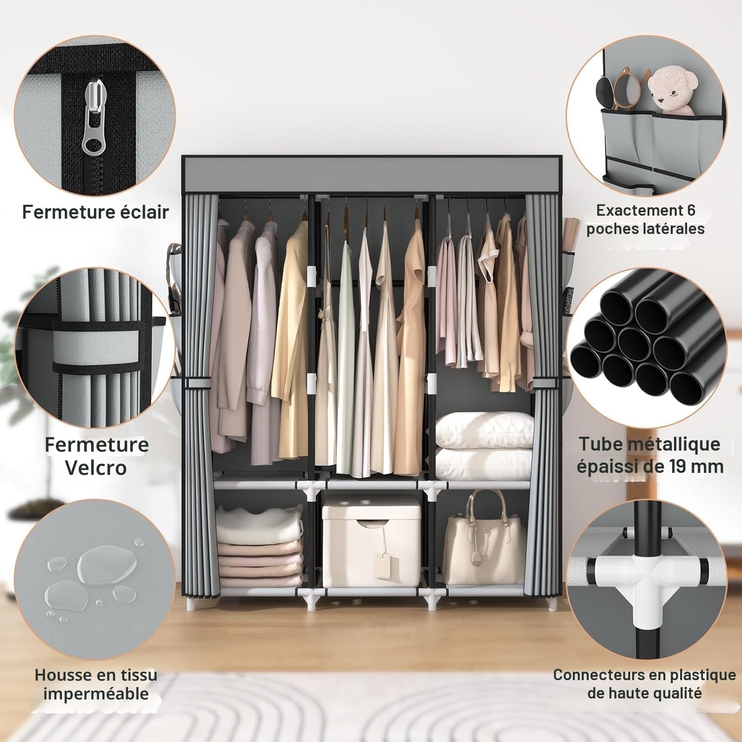 Vicye Armoire en Tissu, Wardrobe Armoire Chambre avec 3 tiges de Suspension, 6 étagères de Rangement et Poches latérales, Tube métal de 19 mm, Dressing Garde Robe Adulte pour Chambre à Coucher Gris