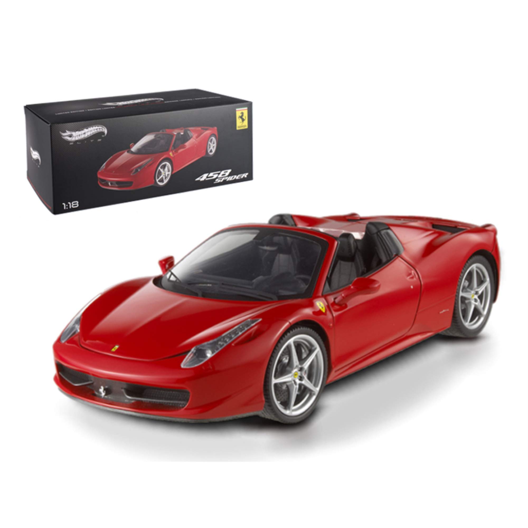 Ferrari 458 Italia Spider Hot Wheels Elite – 1/18, Métal Noir, X5485, Boîte Fermée, état Neuf
