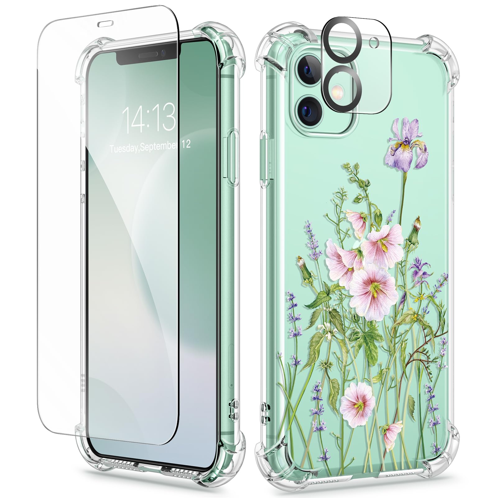 GVIEWIN for iPhone 11 Case Floral, with Screen Protector&Camera Lens Protector,[Non Yellowing] Soft Shockproof Clear Phone Protective Cover for Women, Flower Pattern Design 6.1"(Bouquet/Colorful)
