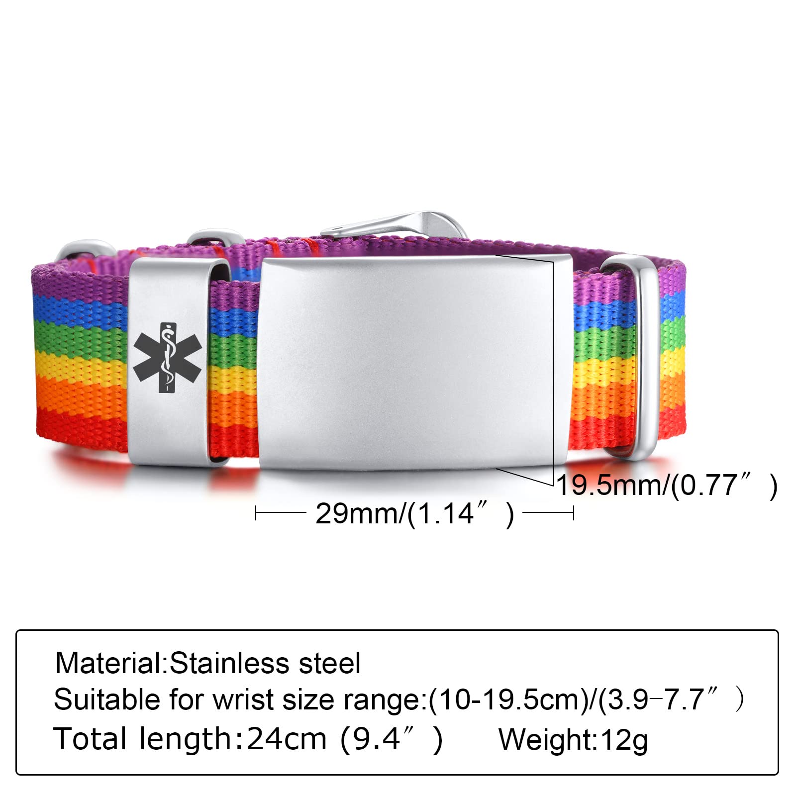 MEALGUET Personalized Medical Emergency ID Bracelet | Adjustable Sport Nylon Strap Belt Buckle Medical Alert Bracelet Allergy Diabetic Wristband for Women, Free Engraving,rainbow