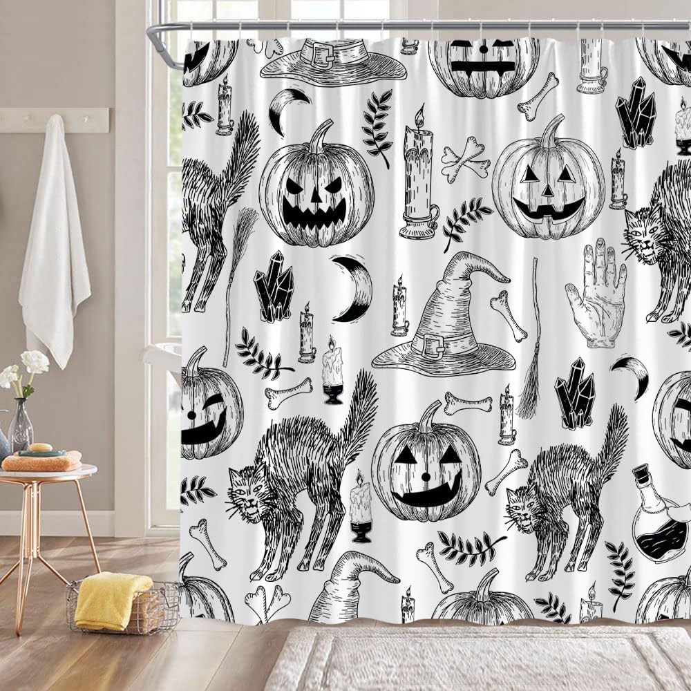 Spooky Halloween Shower Curtain Black White Scary Cat Pumpkin Witchy Hand Moon Skull Candle Vintage Gothic Vintage Holiday Fabric Bathroom Decor Curtain with Hooks
