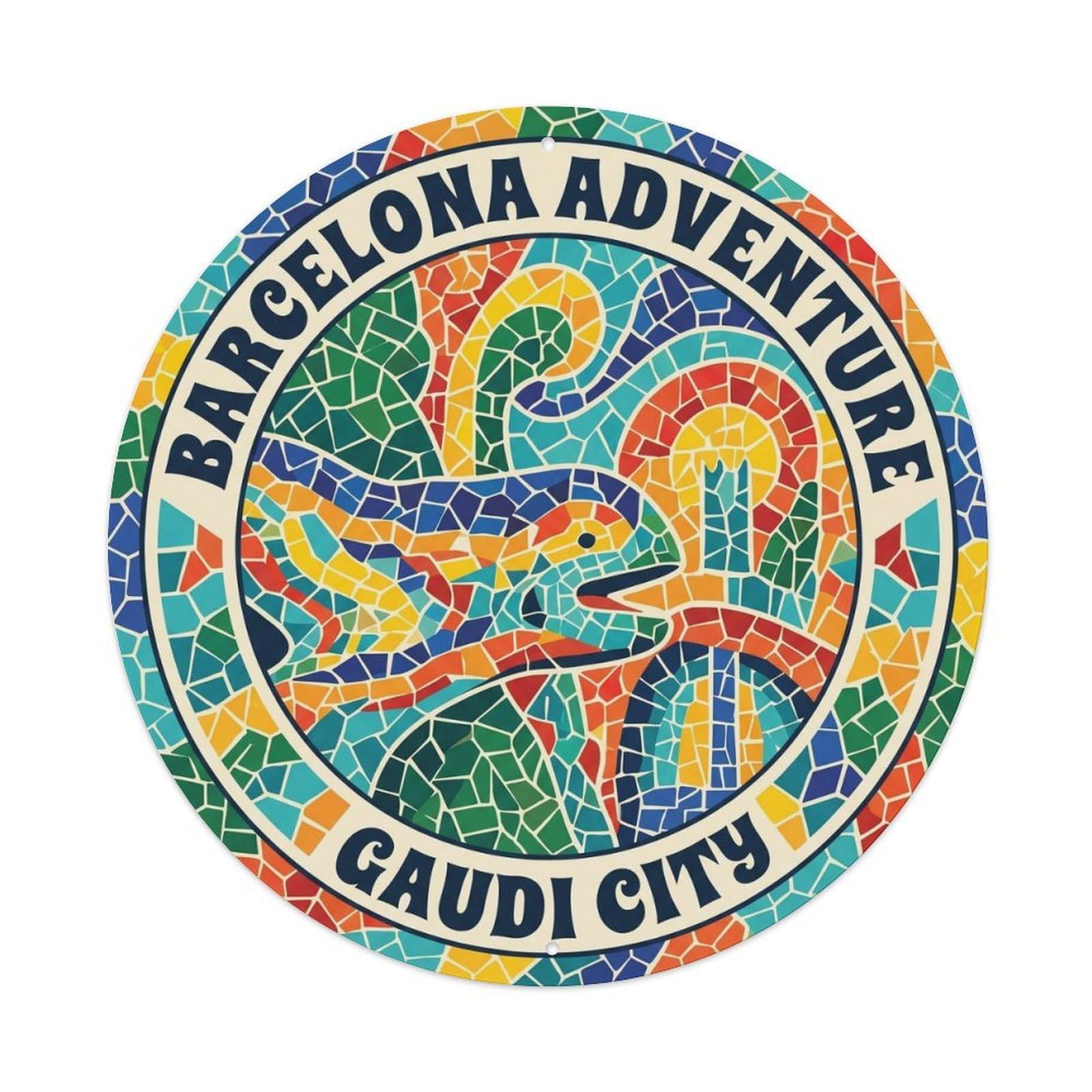 Retro Barcelona Catalan Mosaic Modernist Architecture Landmark Metal Tin Sign Plaque Wall Decor for Cafe, Man Cave, Club Bar, Office, Home Garden Round Metal Poster 8x8Inch