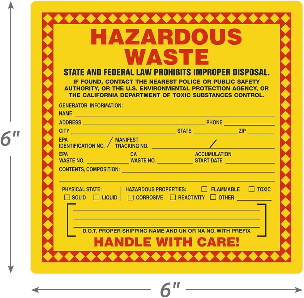 SmartSign (100-Pack) California Hazardous Waste Handle with Care Labels, 6" x 6", Write-On Plastic Labels, Drum Labels with Permanent Adhesive, Red/Black with Yellow