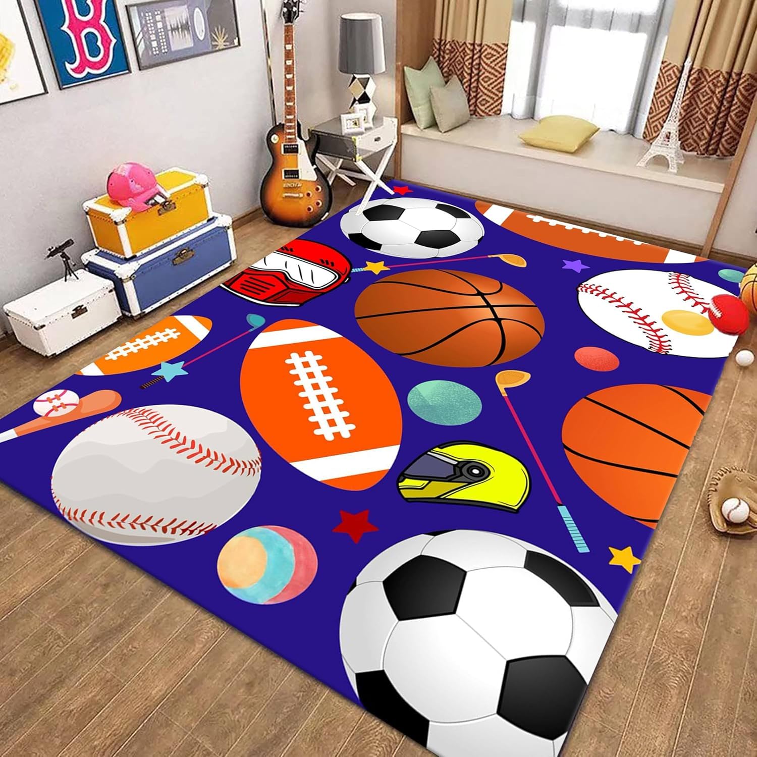 MUOUCTE Court Area Rug, 60x110cm Colorful Basketball Football Volleyball Indoor Sports Rug, Boys Teenager Bedroom Playroom Kids Room Decor Large Area Rug, Soft Non-Slip Washable Home Decor Rug