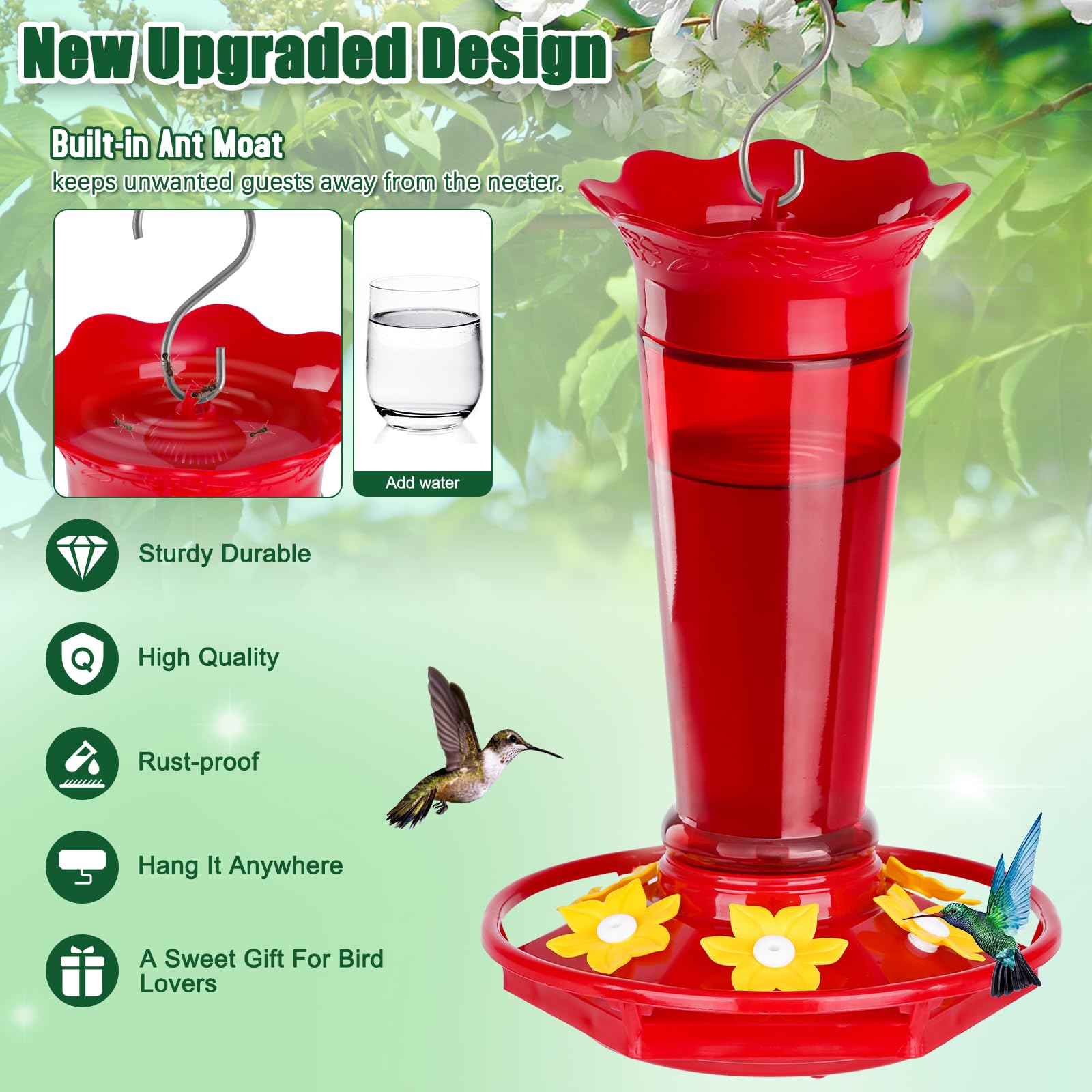 Gbekery Comederos de vidrio para colibríes para colgar al aire libre, a prueba de hormigas y abejas, color rojo, 10 onzas, paquete de 2 comederos para aves para colgar en exteriores, 5 estaciones