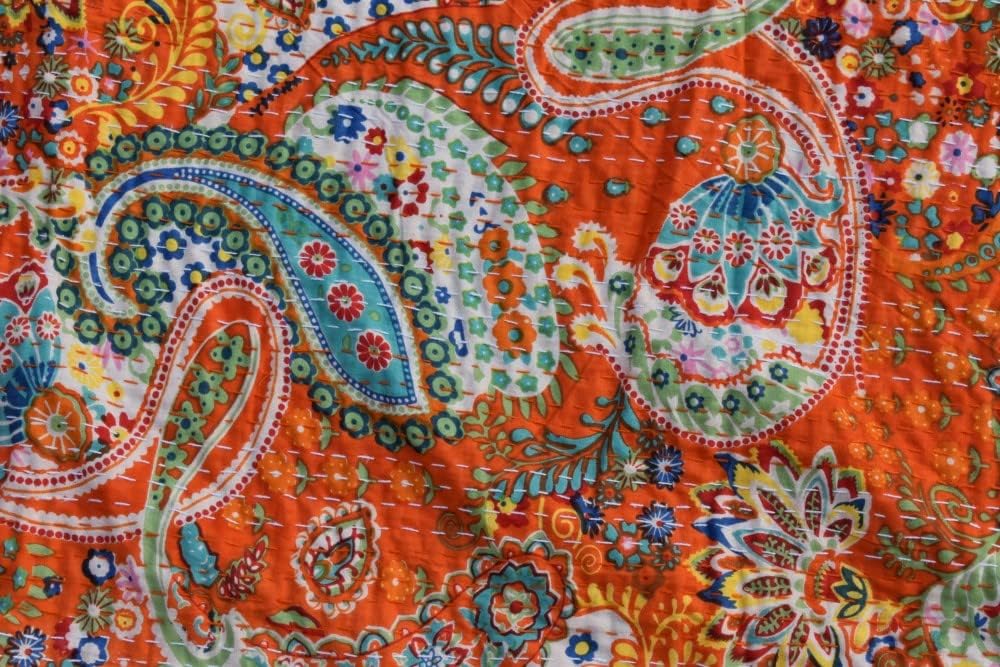 Indian Handmade Paisley Kantha Quilt –Cotton Bedspread, Boho Bedding– Twin/Queen/King Sizes – Lightweight, Vintage Floral Blanket Coverlet (Queen 90X108 Inch, Orange)