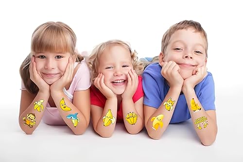 8Sheet - 110PCS Banana Temporary Tattoos for Kids – Cartoon Fake Tattoos Stickers for Birthday Party Favors, Gifts, DIY Decoration & Fun Activities – Waterproof & Skin-Safe