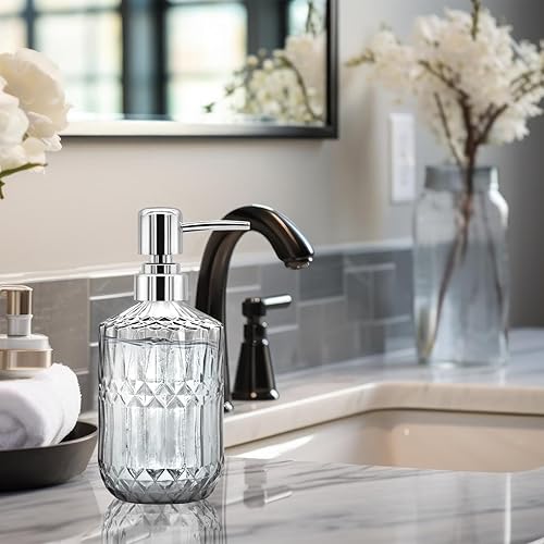 Miniatura 5 de Dispensador de jabón de vidrio de 14 onzas, dispensador de jabón de manos recargable con bomba de acero inoxidable, diseño de diamante vintage para