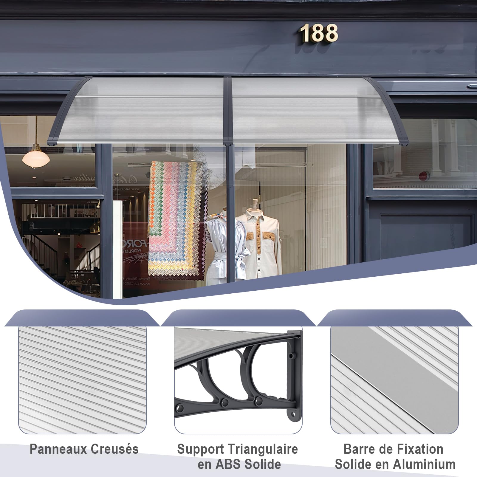 RELAX4LIFE Marquise de Porte Exterieur 200x100 CM, Auvent Porte d’Entrée en Polycarbonate, Protection Contre Pluie et UV, Auvent Marquise Aluminium pour Terrasse (200 x 100 cm,PC Transparent/Gris)