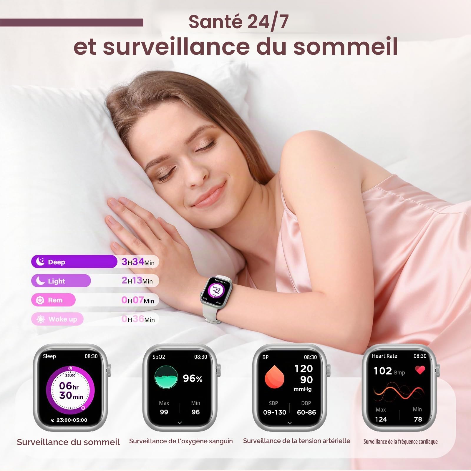 SLOKSFil Montre Connectée Femme, 1.85" Smartwatch avec Cadran IA, Cardio 24H Cardio & Pression, SpO2, IA Q&A, Sommeil, 110+ Sports, Fitness Tracker Podomètre pour iOS Android (Argent Starlight)