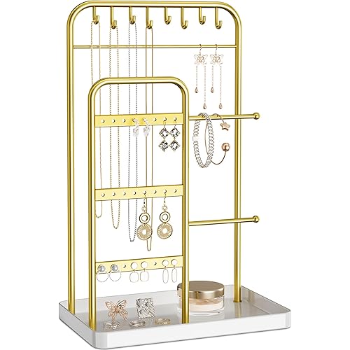 pickpiff Jewelry Holder Stand: Jewelry Display for Necklace, Bracelet, Earring, Ring, White & Gold