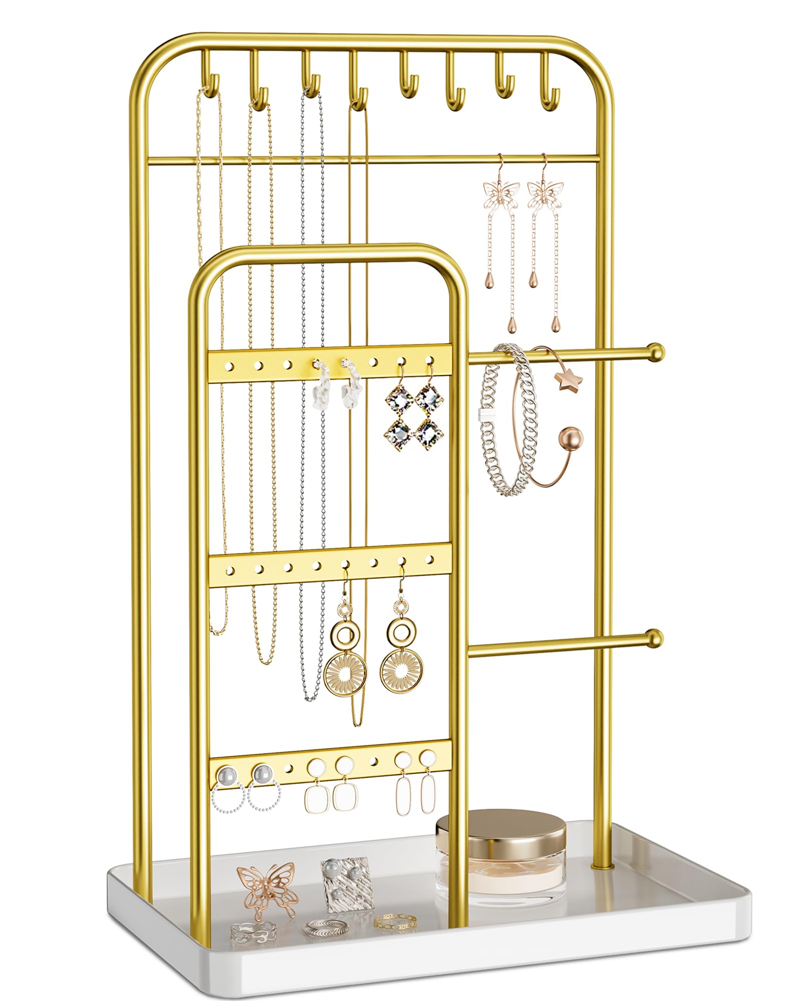 pickpiff Jewelry Holder Stand: Jewelry Display for Necklace, Bracelet, Earring, Ring, White & Gold