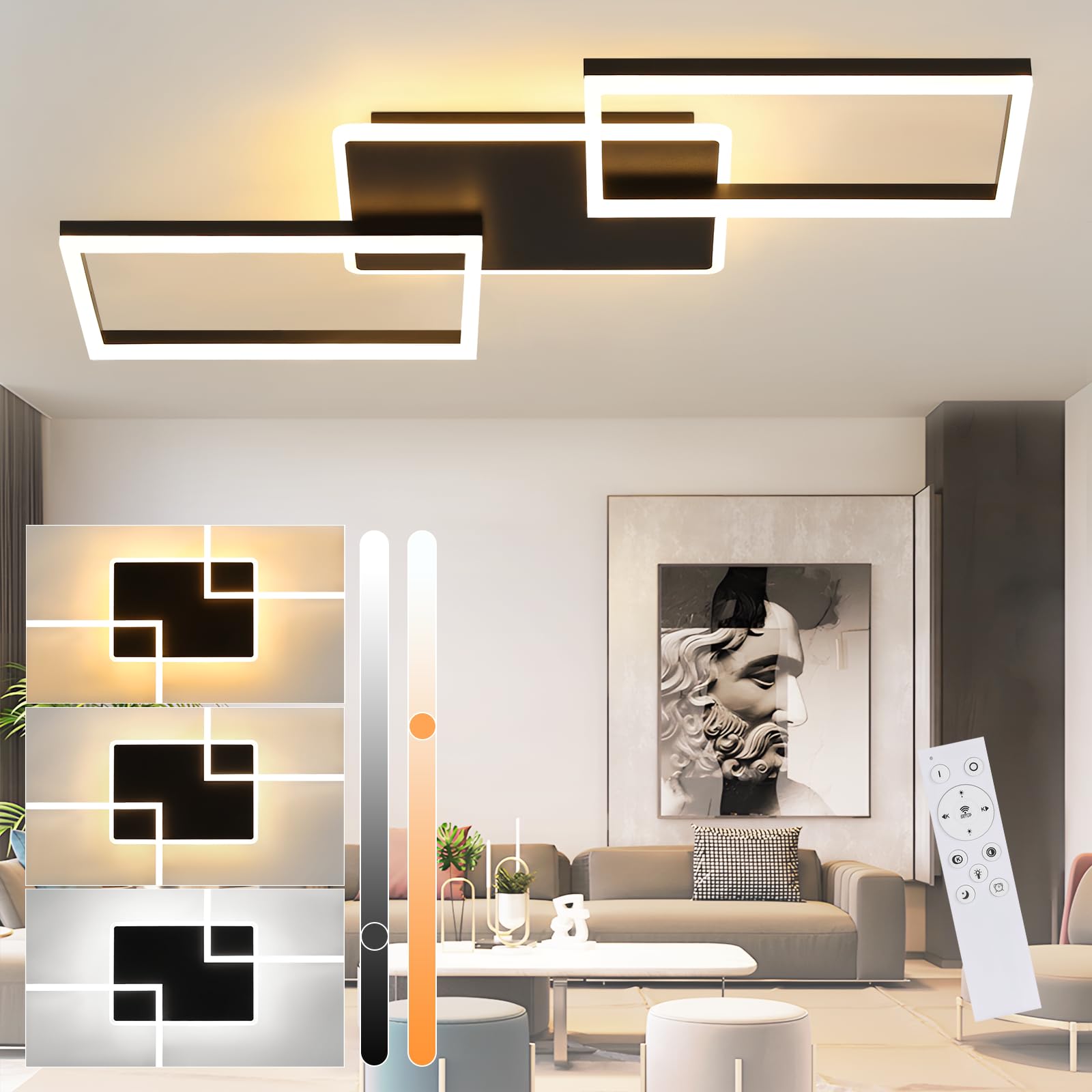 ZMH Lámpara LED para techo de salón - Lámpara grande negra para salón regulable con mando a distancia 63 W lámpara moderna para dormitorio lámpara metálica para cocina 80 cm para comedor, oficina