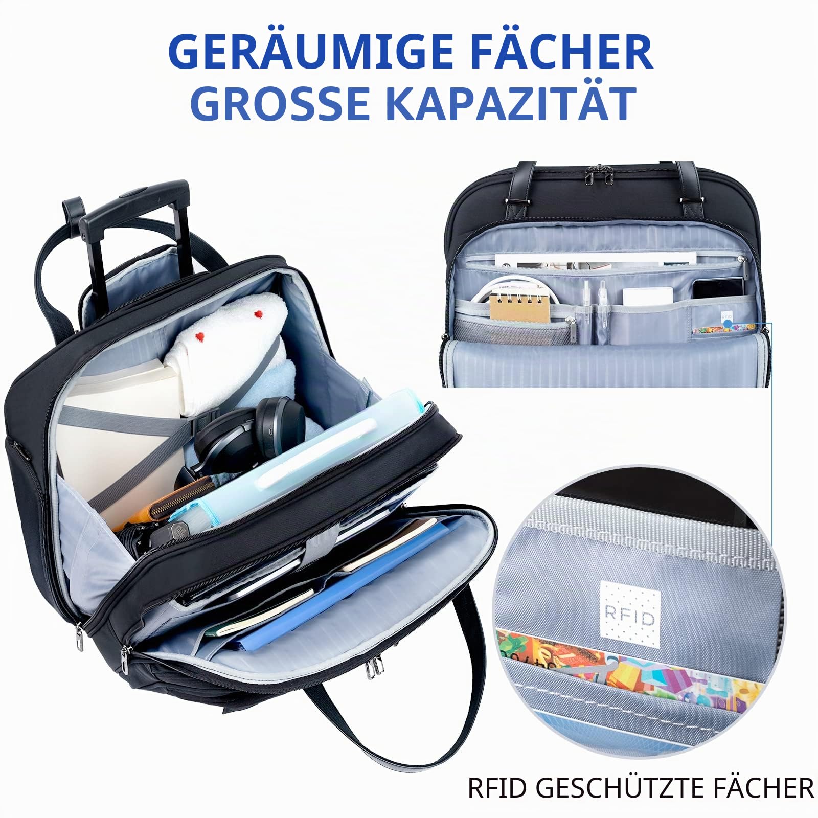 VANKEAN Rollende Laptoptasche Frauen mit Rädern, passend für bis zu 15,6 Zoll Rollende Aktentasche Wasserabweisend Rollende Computertasche mit RFID-Taschen für Reisen/Business/Schule,Schwarz
