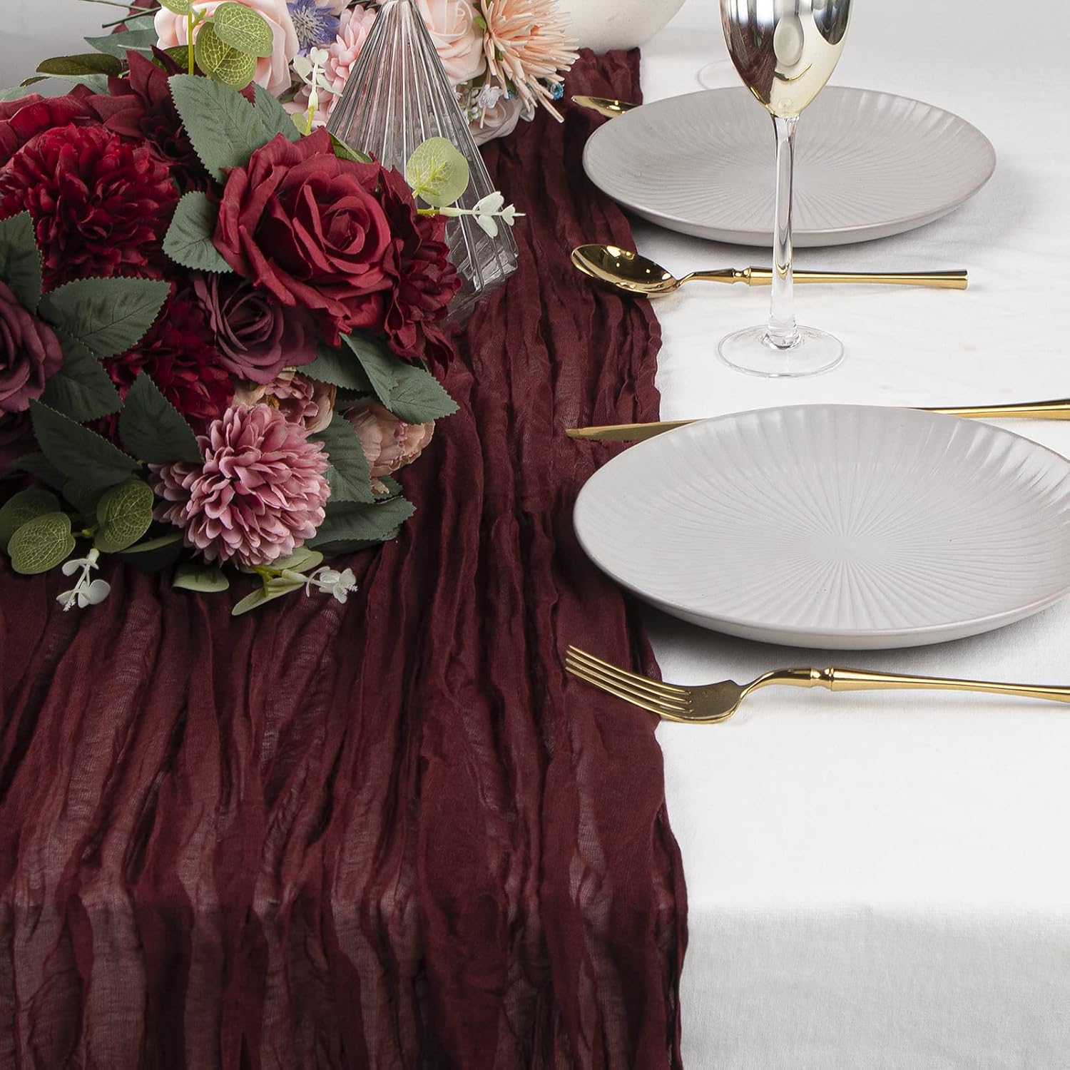 WELTRXE 6 PCS Cheesecloth Table Runner Burgundy, 35 x 160 inches Gauze Fabric Table Runner 13ft Rustic Sheer Wedding Table Runner Boho Decor for Birthday Party, Bridal & Baby Shower Table Decorations Burgundy 35" x 13ft-6pcs