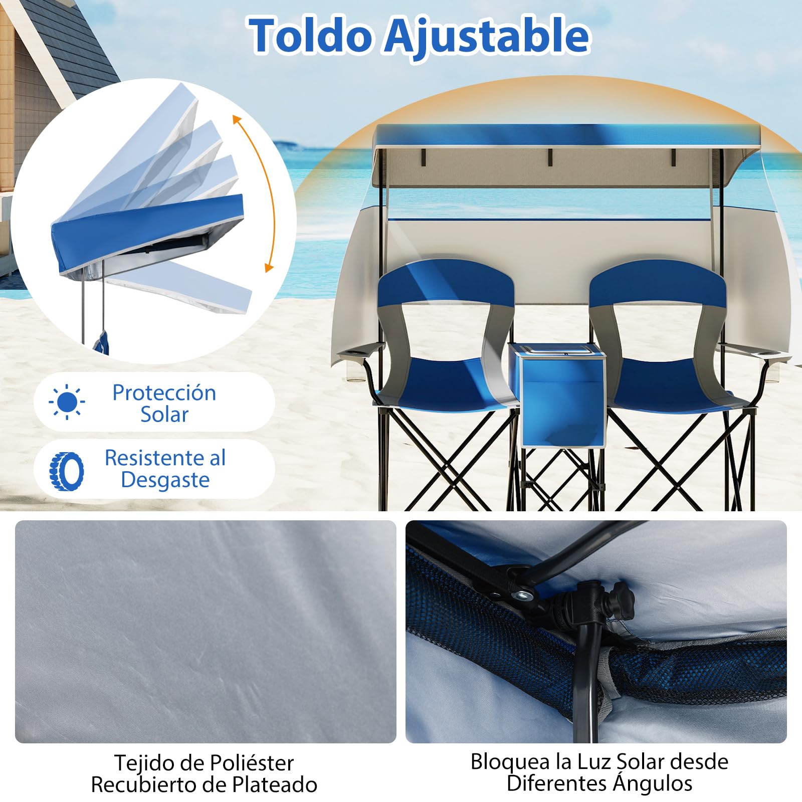 GOPLUS Silla de Playa con Dosel Ajustable, Silla Plegable de Camping Sobredimensionada con Sombra Enrollable, Bolsa Enfriadora, Portavasos, Bolsa de Transporte, para 2 Personas (Azul)